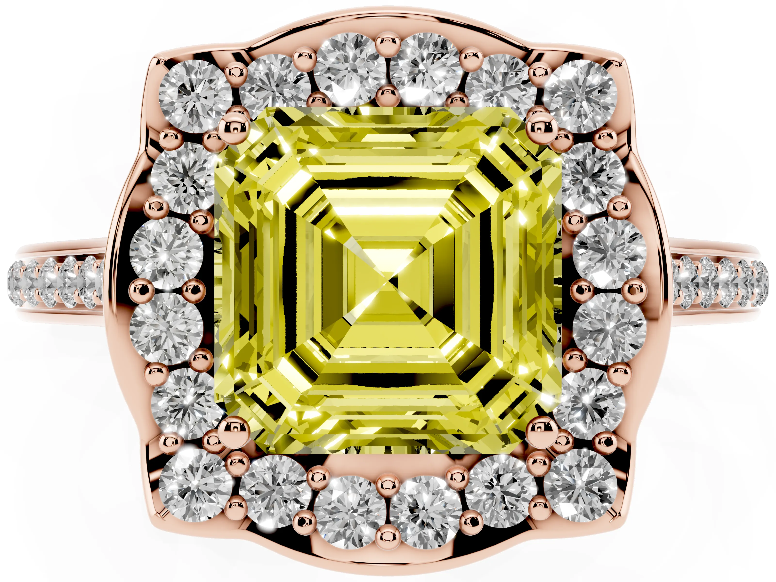 Fancy Yellow Asscher Cut Diamond Halo Ring Set in Rose gold with Pavé-Lined Shoulders and Prong Setting