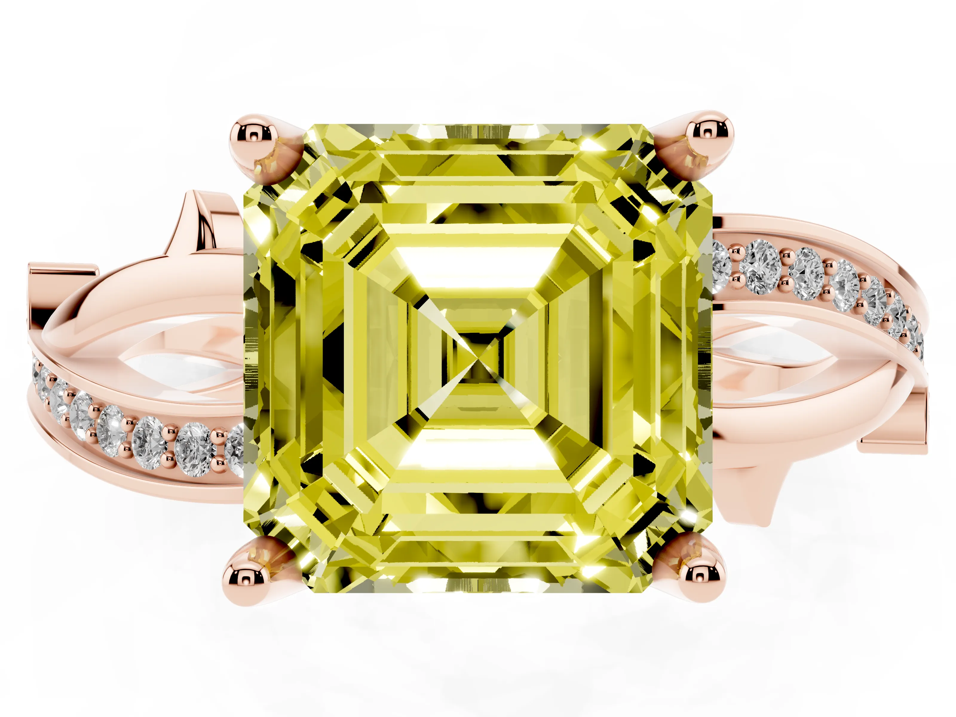 Fancy Yellow Asscher Cut Diamond Pavé Twist Band Solitaire Ring Set in Rose gold with Prong Setting