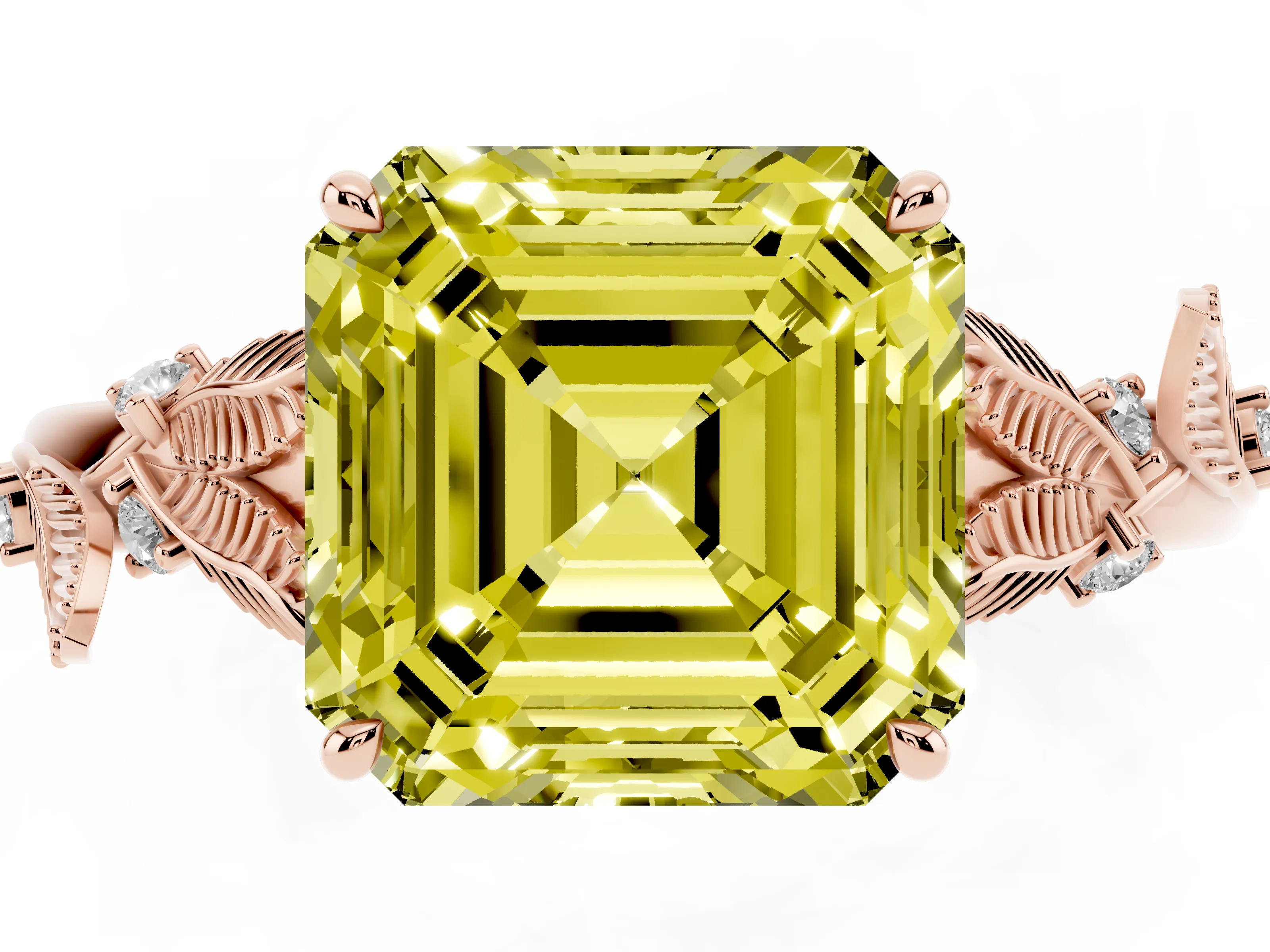 Fancy Yellow Asscher Cut Diamond Solitaire Ring Set in Rose gold with Leaf Motif Band