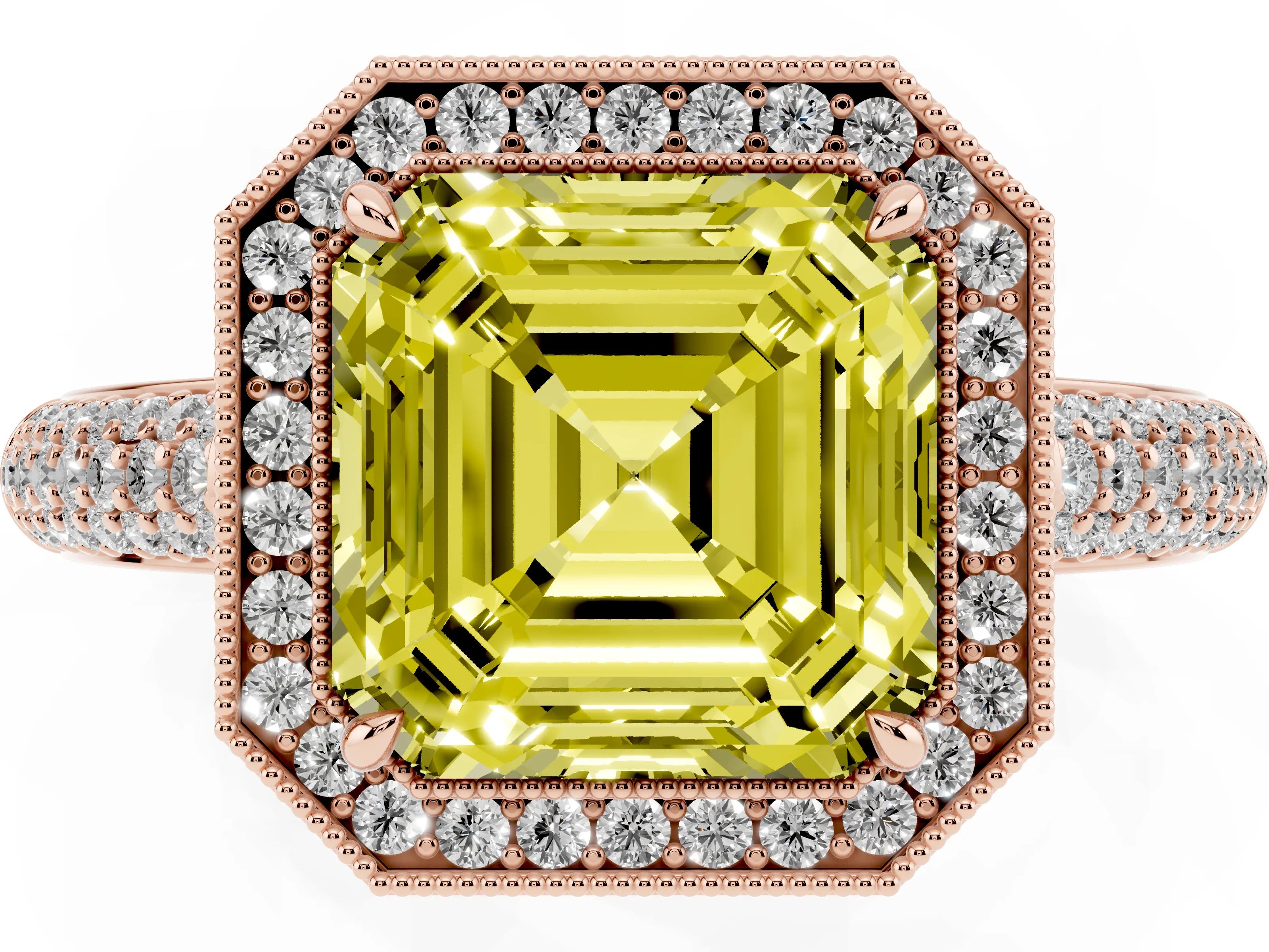 Fancy Yellow Asscher Cut Diamond Halo Pavé Band Set in Rose gold with Prong Setting