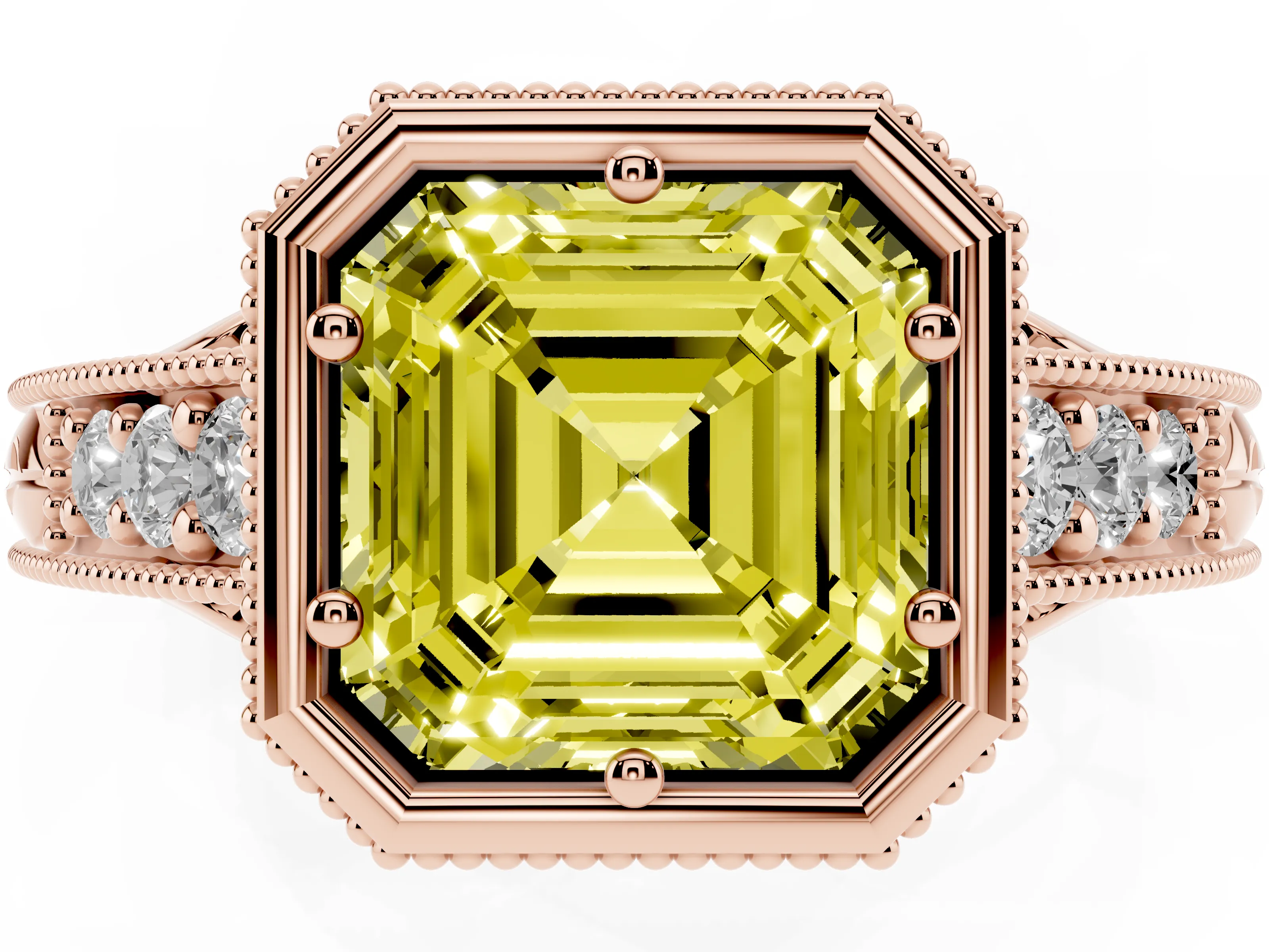 Fancy Yellow Bezel Set Asscher Cut Diamond Milgrain Pavé Engagement Ring Set in Rose gold
