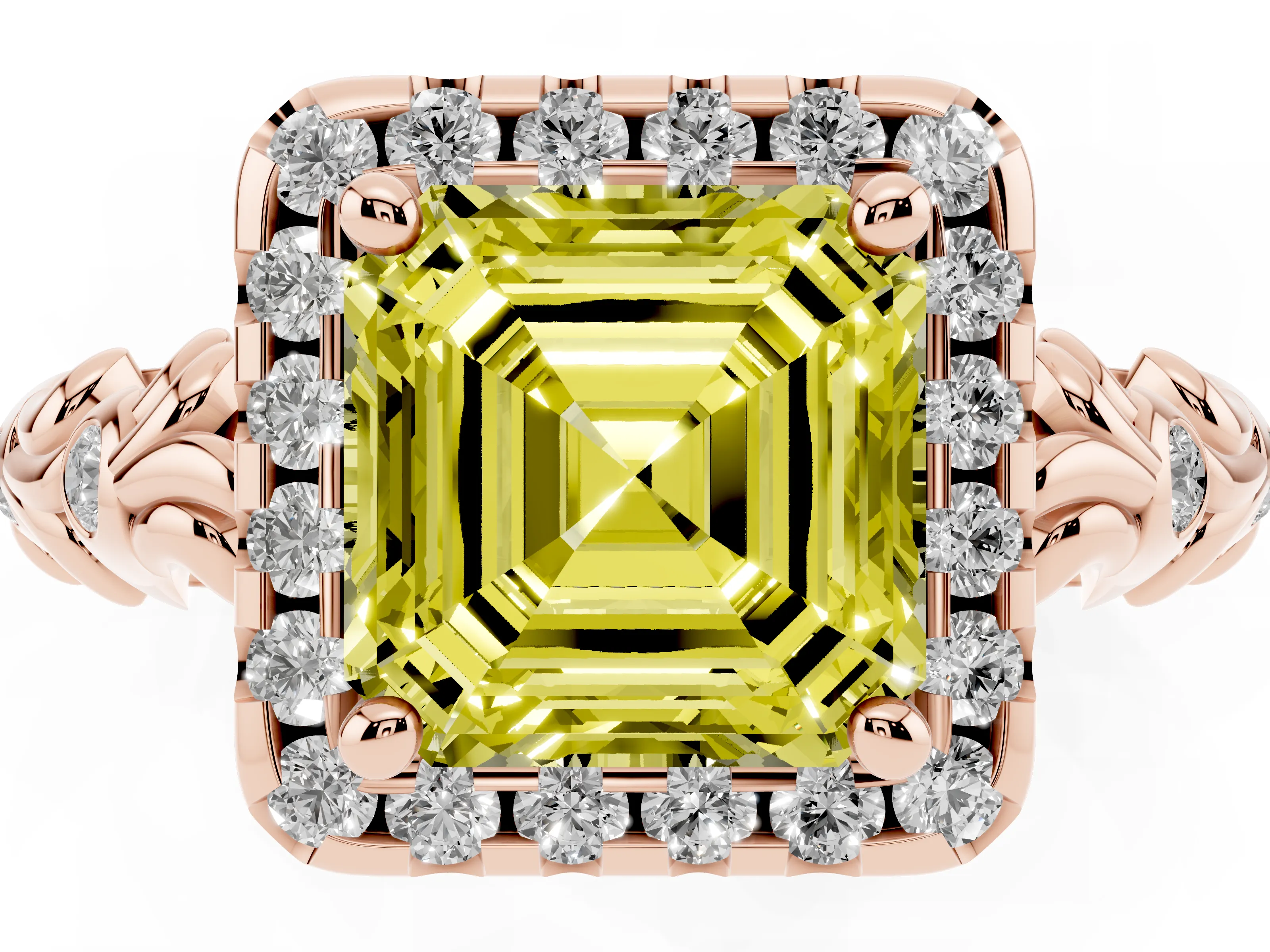 Fancy Yellow Asscher Cut Diamond Halo Ring Set in Rose gold with Filigree Leaf Band and Prong Setting