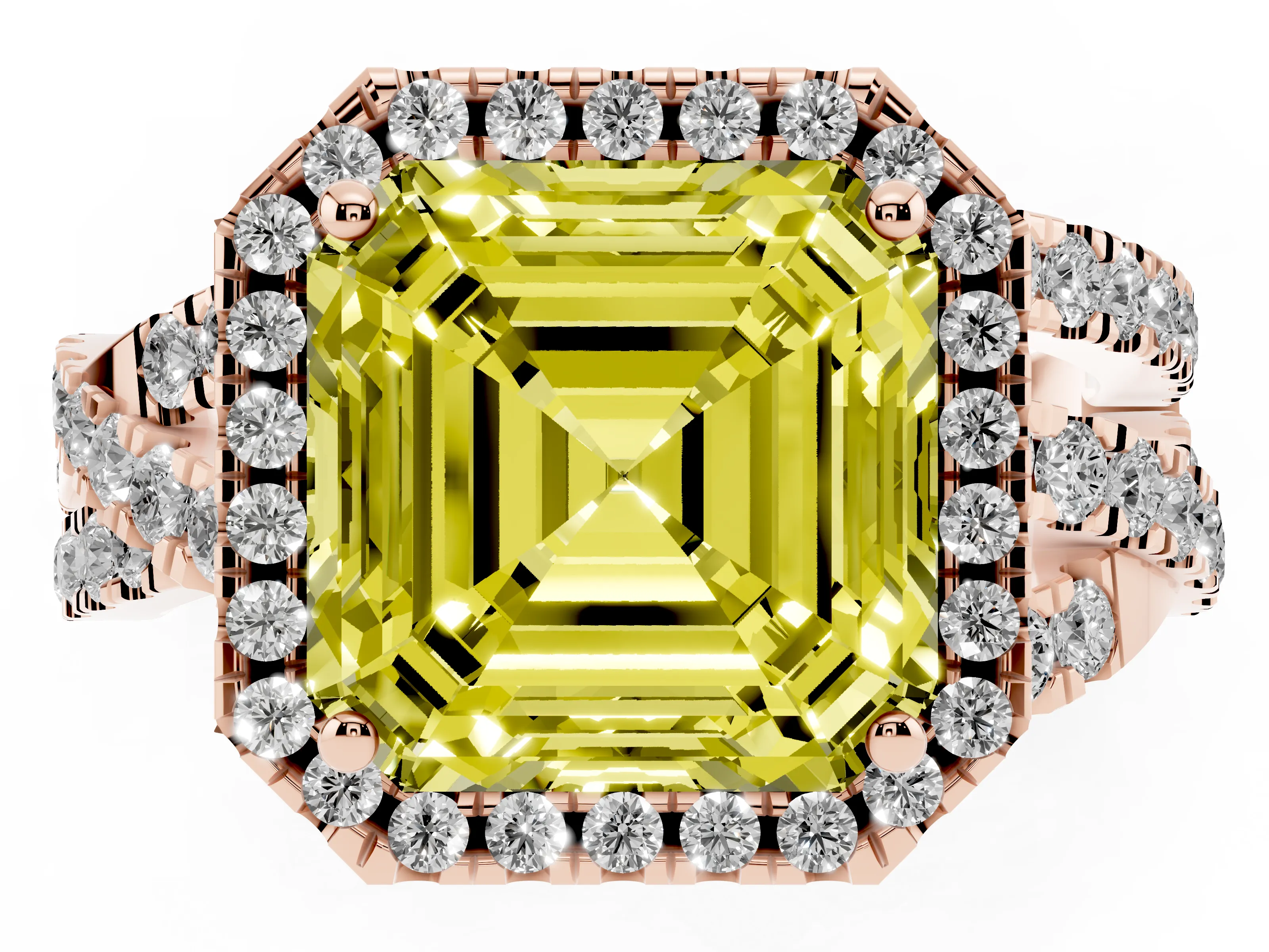 Fancy Yellow Asscher Cut Diamond Halo Ring Set in Rose gold with Round Crossover Split Shank and Prong Setting
