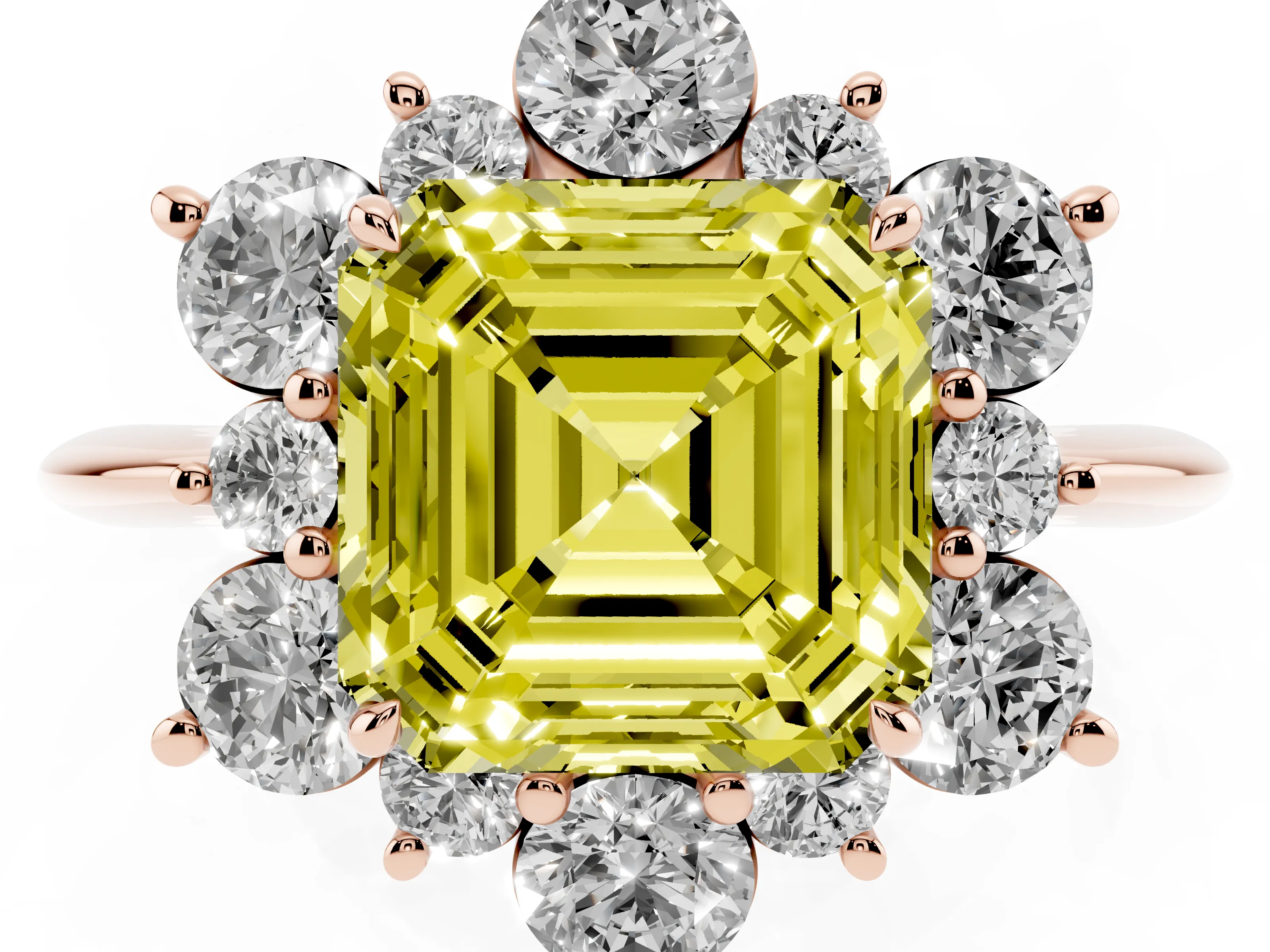Fancy Yellow Asscher Cut Diamond Cluster Halo Ring Set in Rose gold with Solitaire Band and Prong Setting