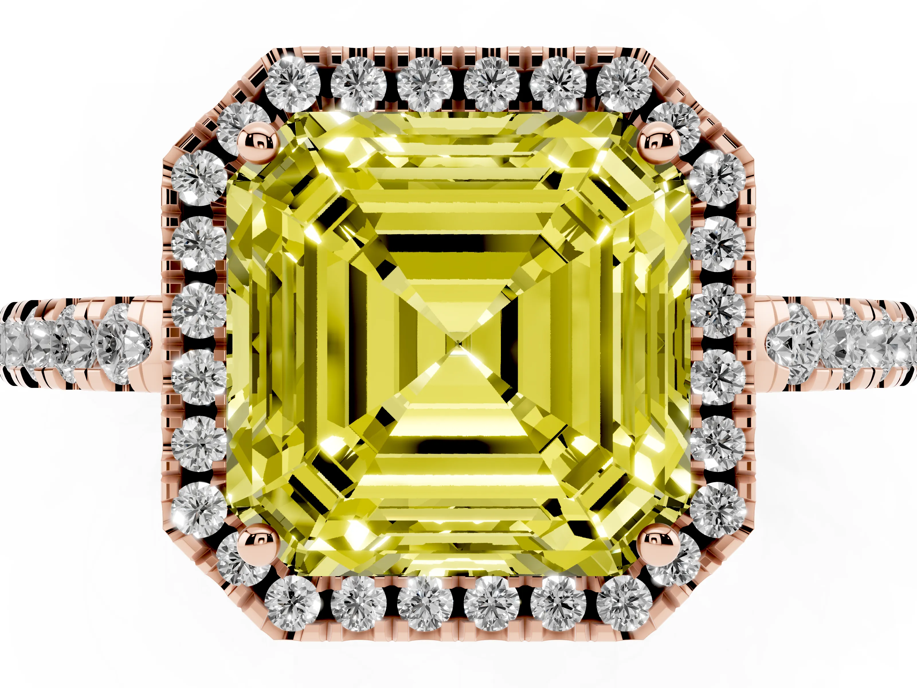 Fancy Yellow Asscher Cut Diamond Pavé Band Halo Engagement Ring Set in Rose gold with Prong Setting