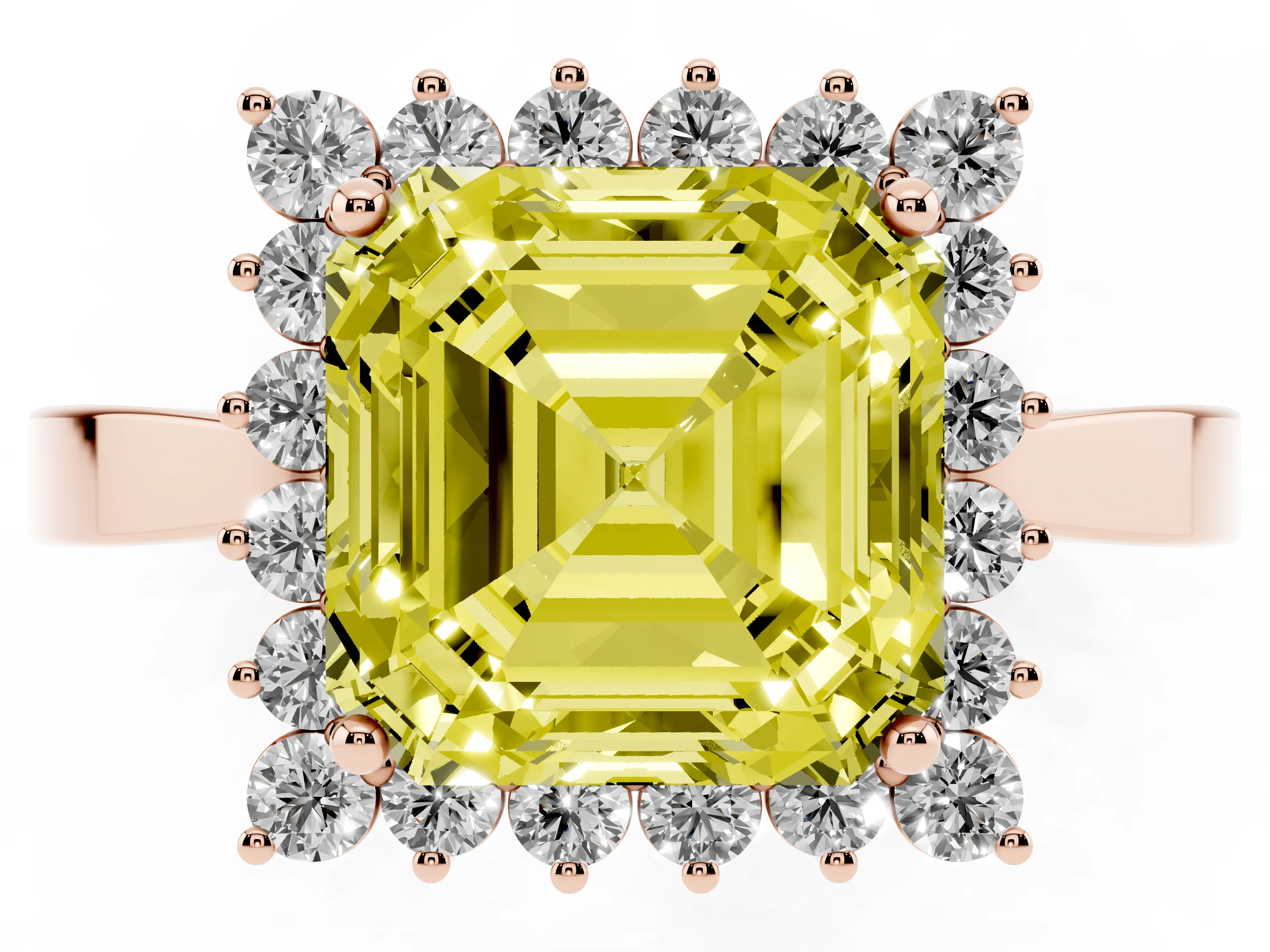 Fancy Yellow Asscher Cut Diamond Halo Ring Set in Rose gold with Round Halo and Smooth Solitaire Band