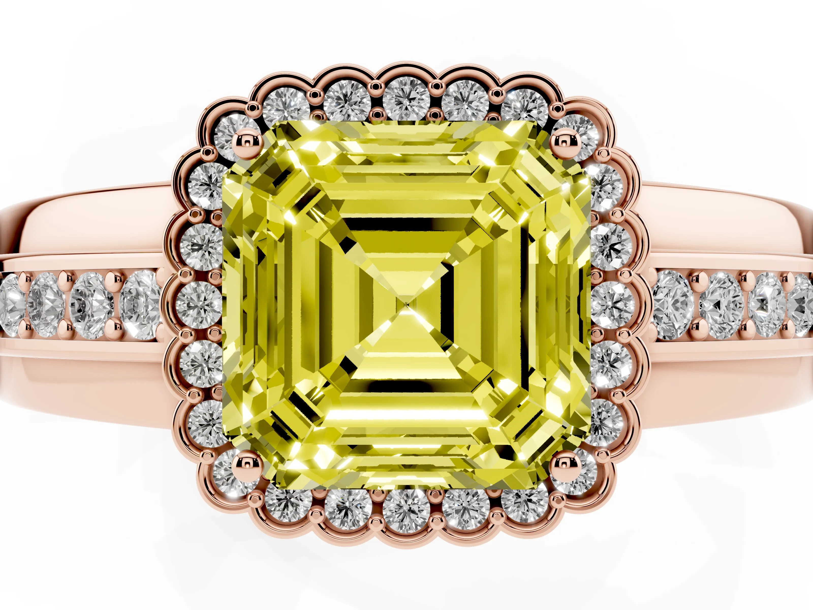 Fancy Yellow Asscher Cut Diamond Halo Prong Ring Set in Rose gold with Pavé Band
