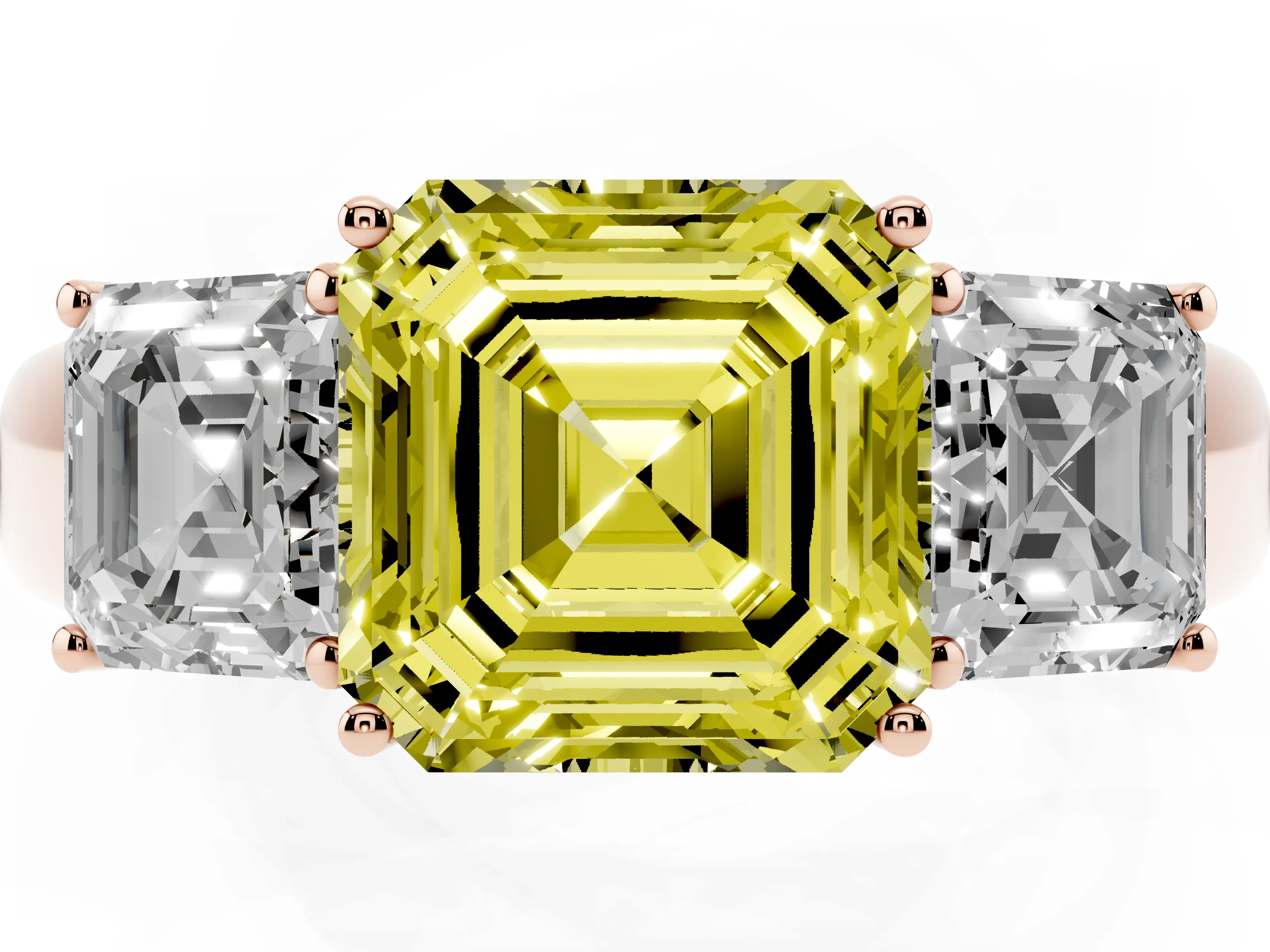 Fancy Yellow Three-Stone Asscher Cut Diamond Ring Set in Rose gold with Matching Prong Settings and Plain Band