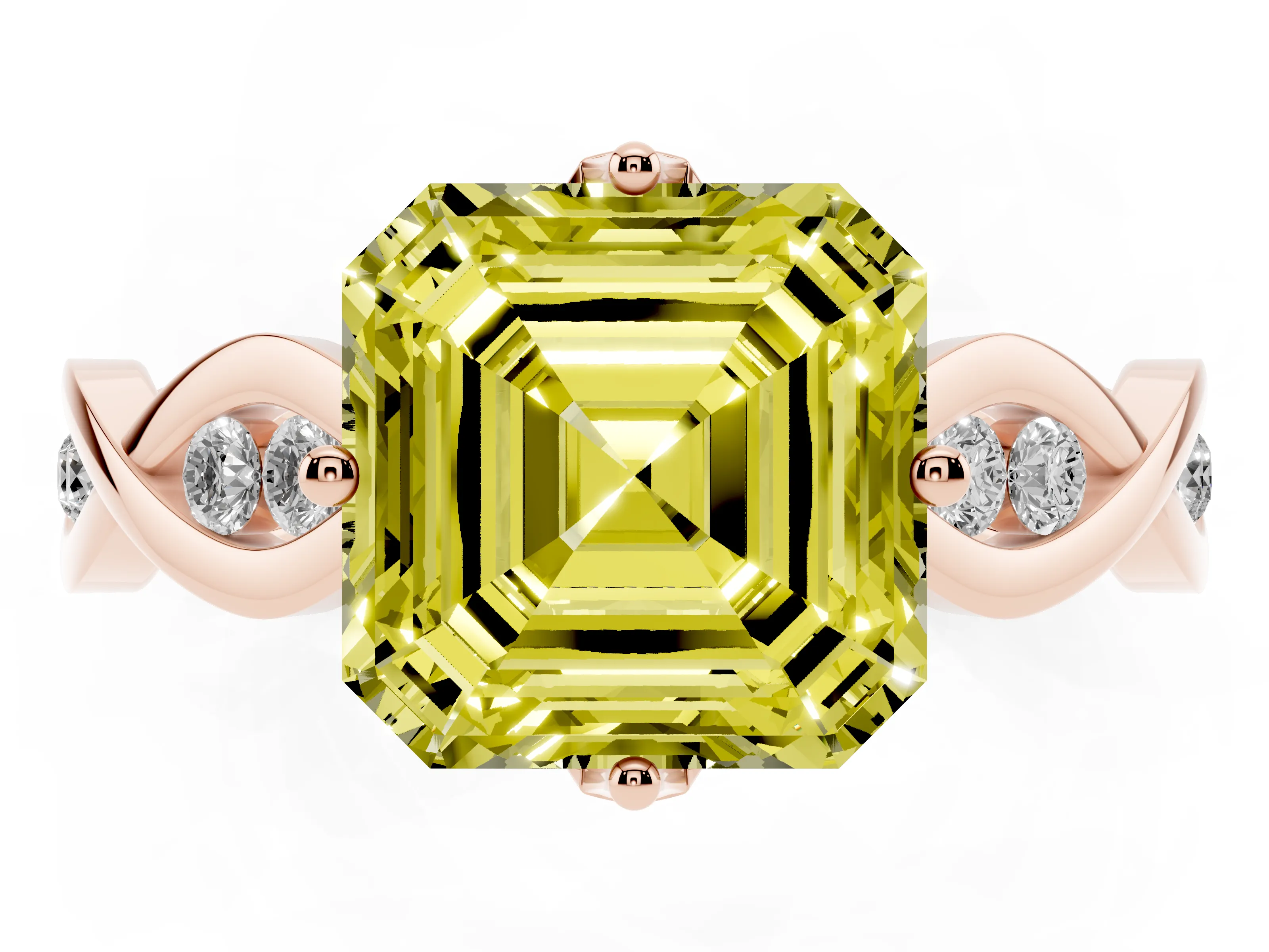 Fancy Yellow Asscher Cut Diamond Twist Band Solitaire Ring Set in Rose gold with Leaf Prong Setting and Accent Stones