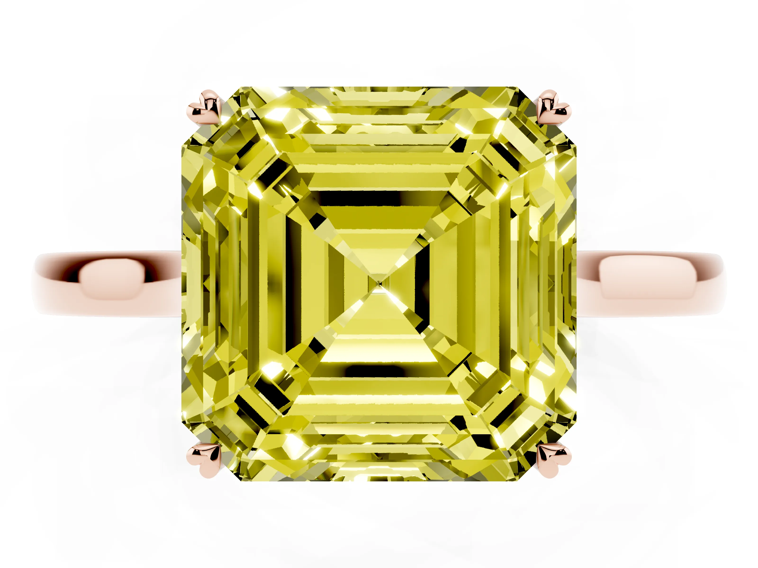 Fancy Yellow Asscher Cut Diamond Solitaire Heart Prong Engagement Ring Set in Rose gold with Tapered Band
