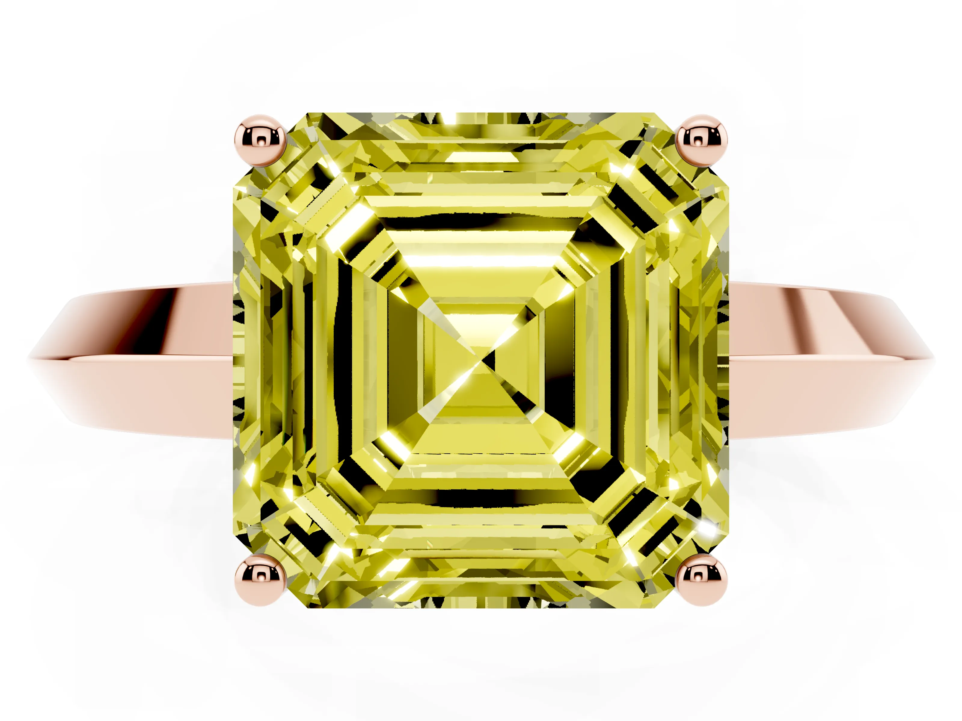 Fancy Yellow Asscher Cut Diamond Solitaire Engagement Ring Set in Rose gold with Flat Band and Prong Setting
