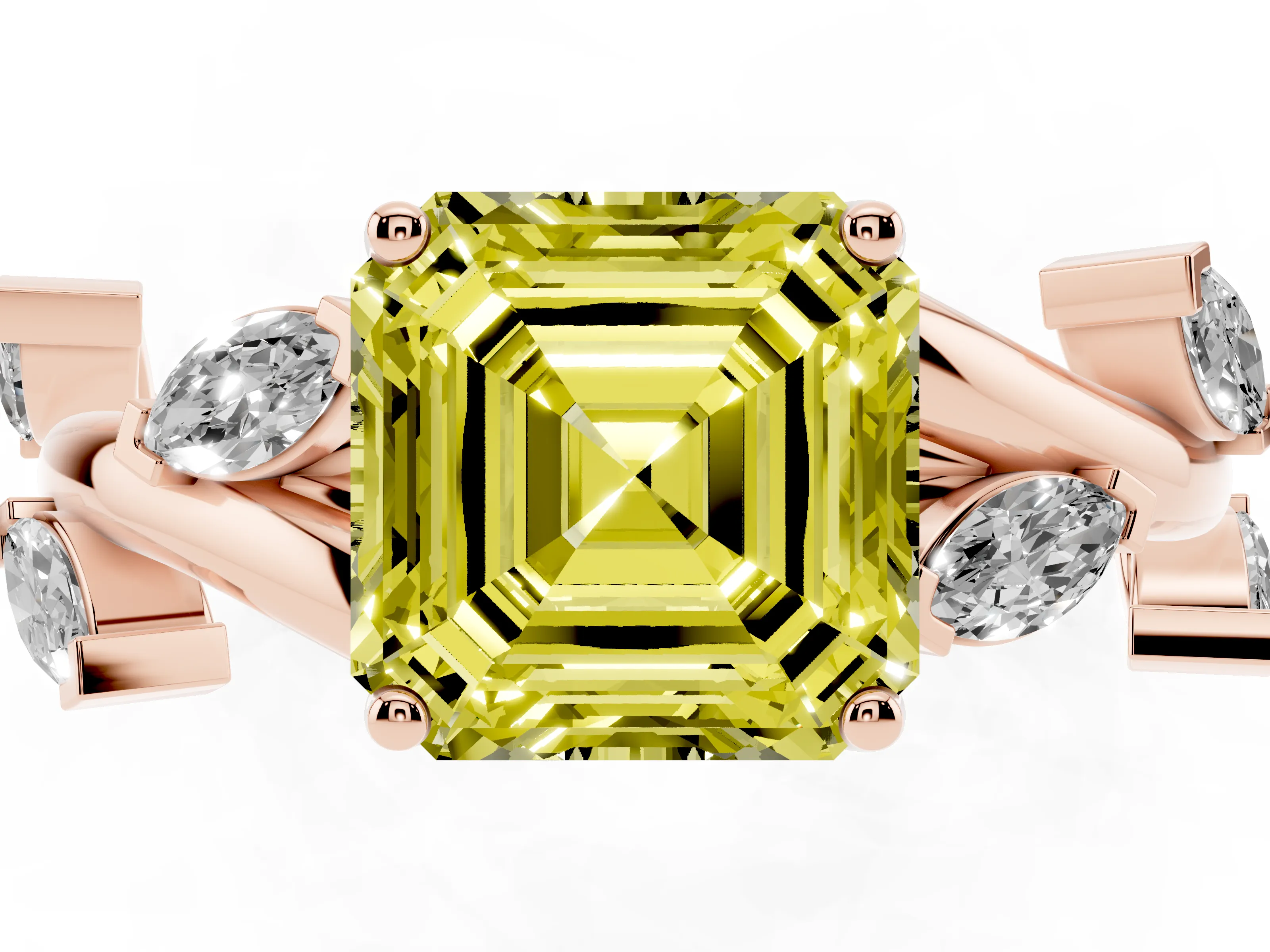 Fancy Yellow Asscher Cut Diamond Solitaire Ring Set in Rose gold with Twisted Marquise Accent Band