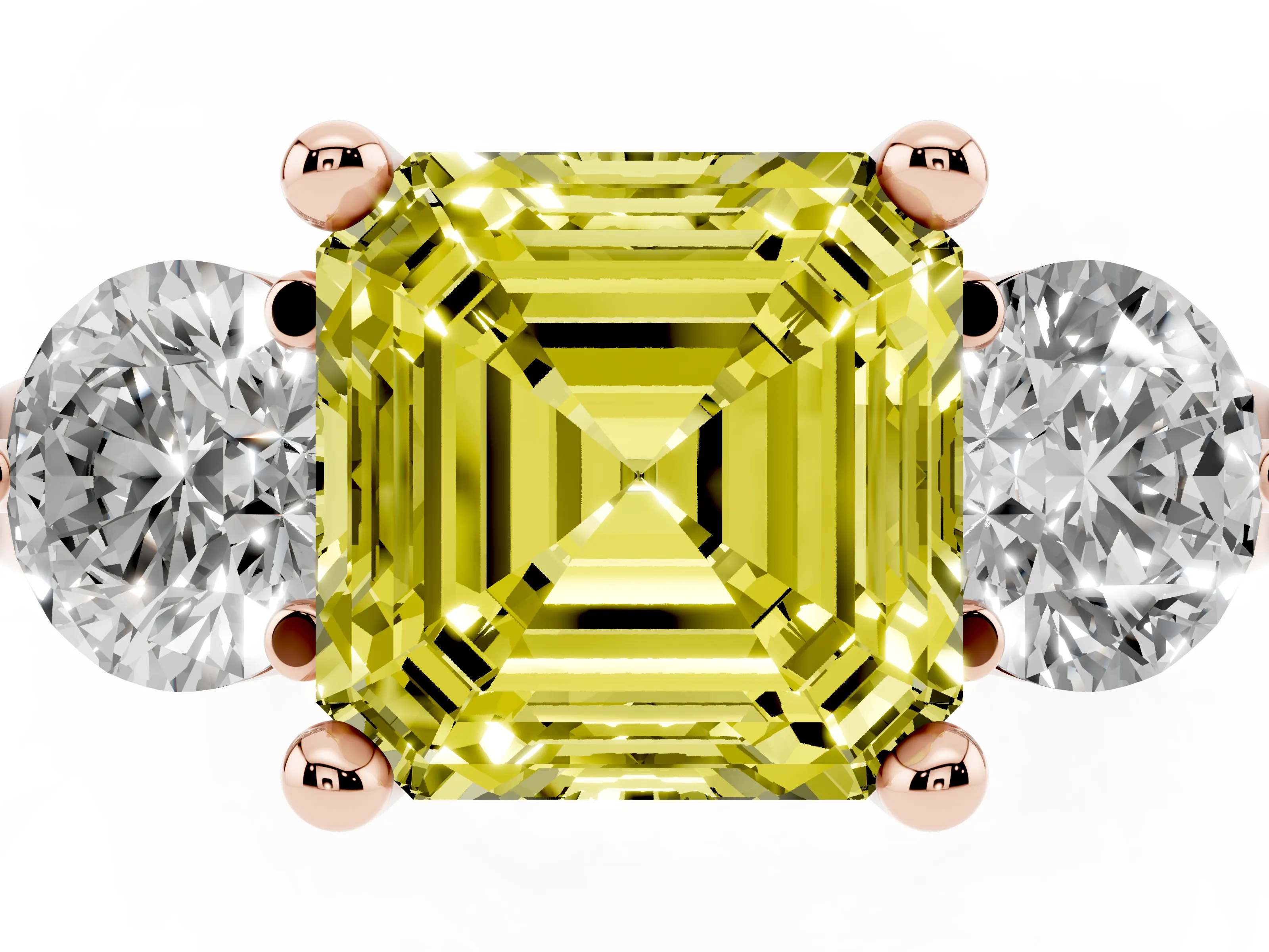 Fancy Yellow Asscher Cut Diamond Three-Stone Ring Set in Rose gold with Prong Setting and Classic Band