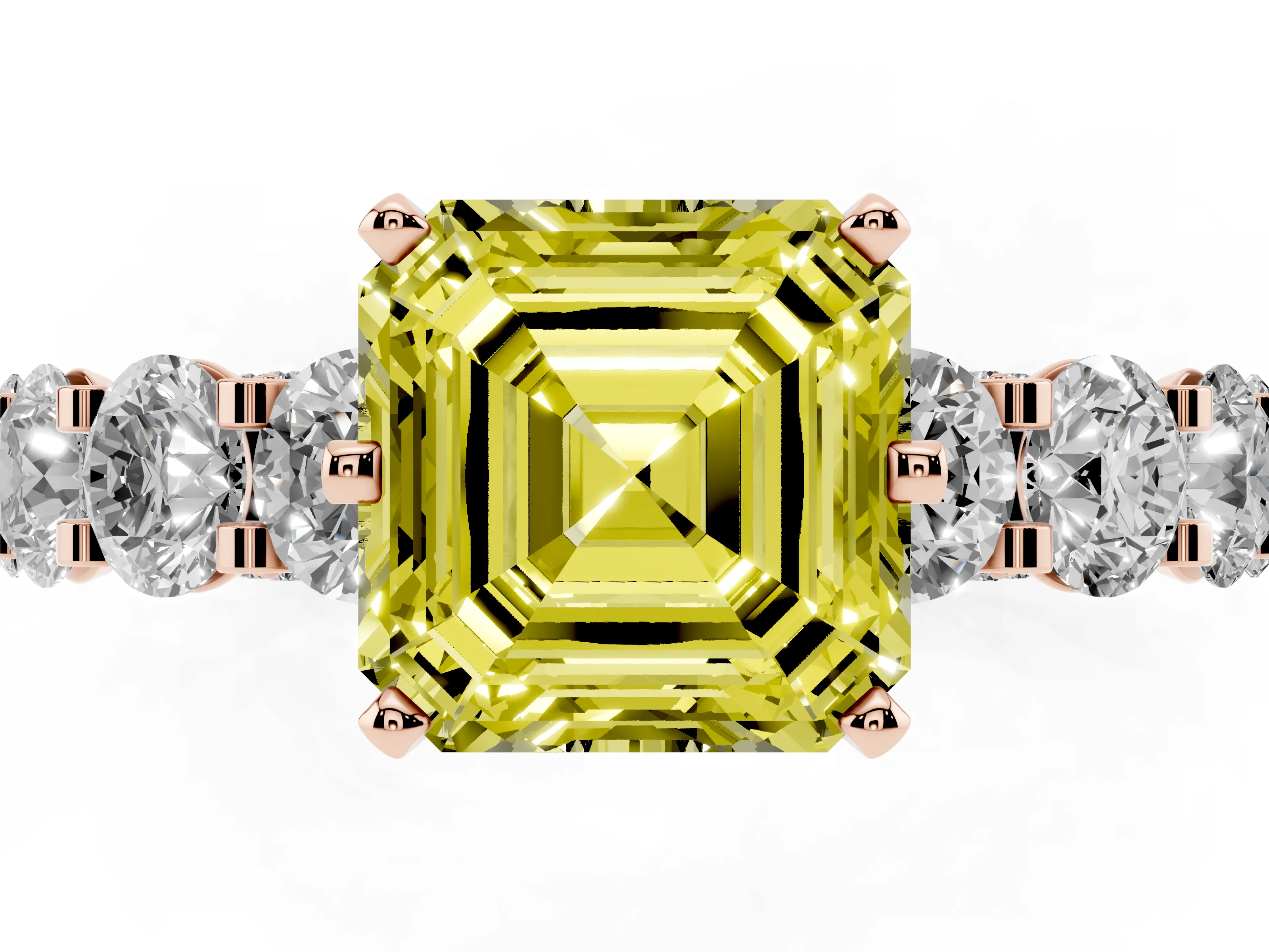 Fancy Yellow Asscher Cut Diamond Side Stone Ring Set in Rose gold with Alternating Round and Oval Side Stones