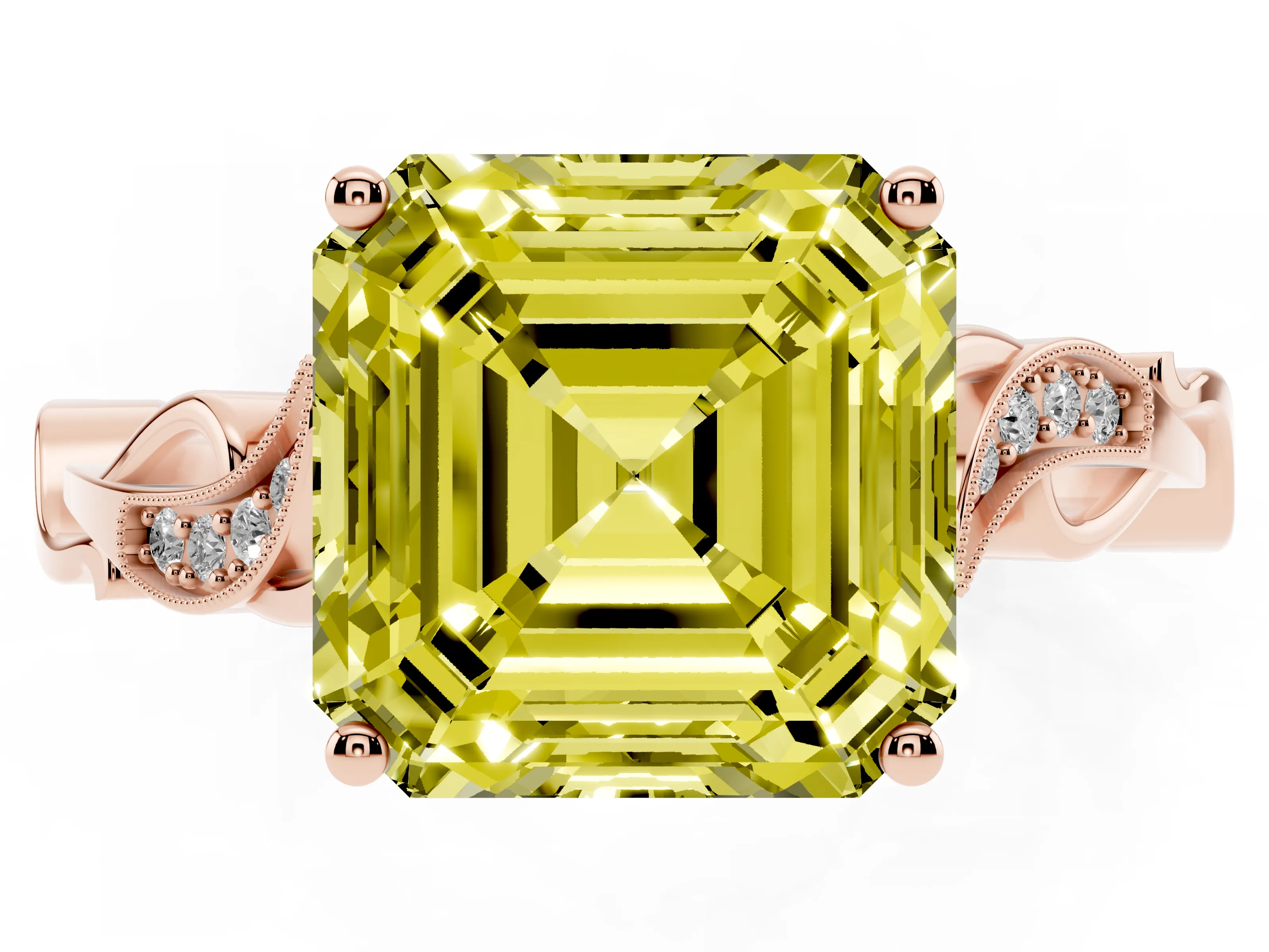Fancy Yellow Asscher Cut Diamond Vine Band Solitaire Ring Set in Rose gold with Milgrain Prong Setting