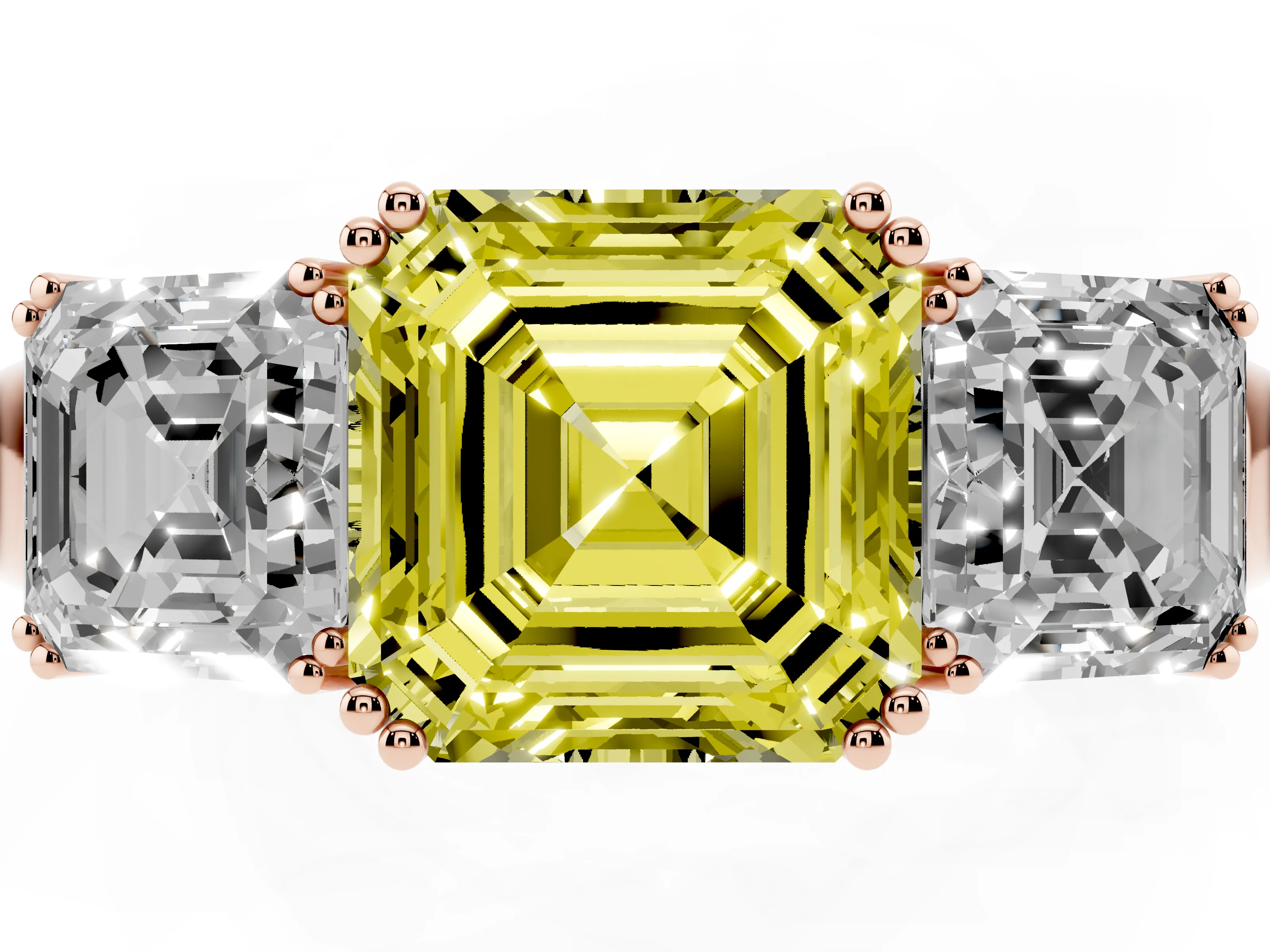 Fancy Yellow Asscher Cut Diamond Three-Stone Ring Set in Rose gold with Polished Band and Prong Setting