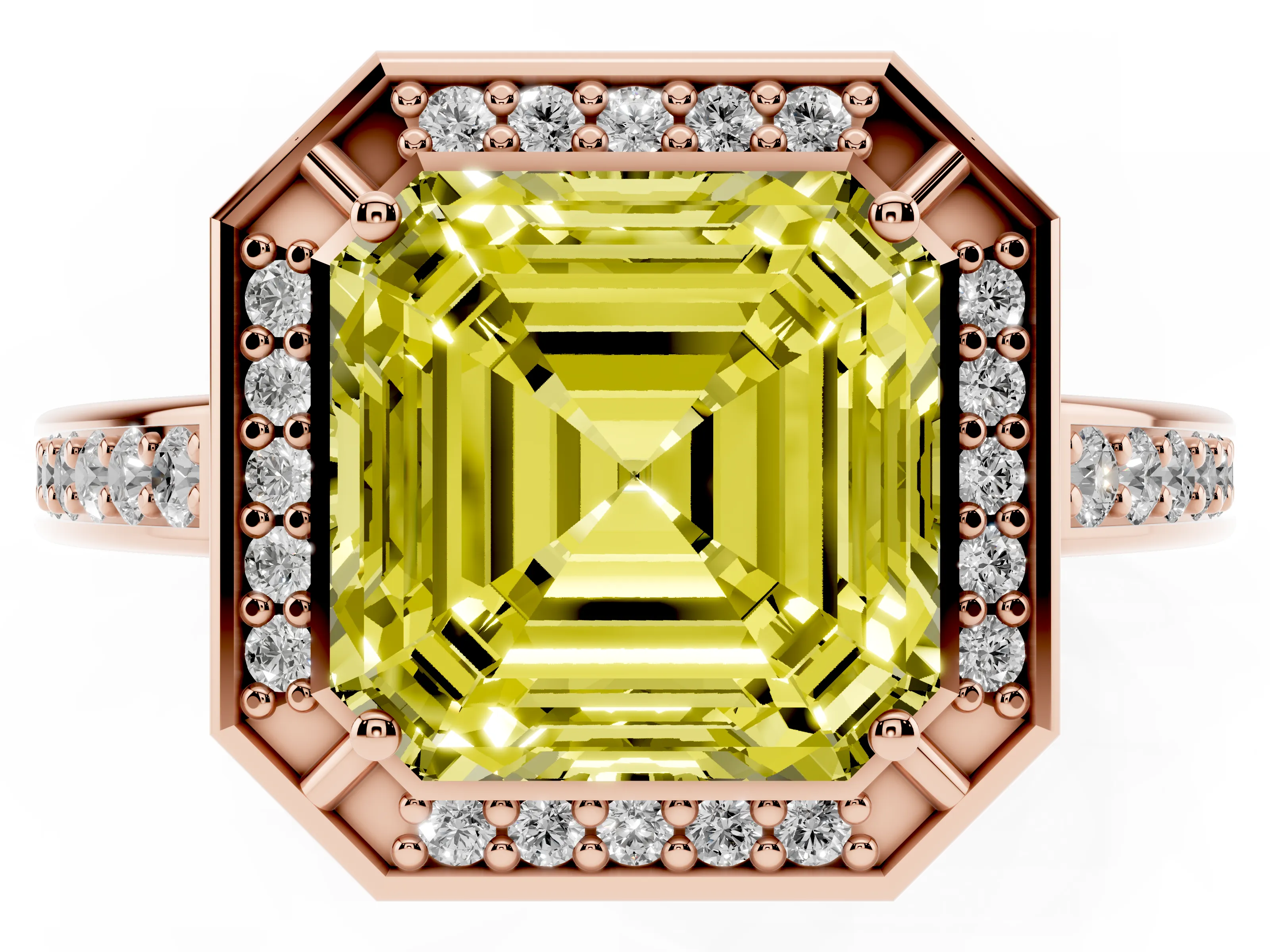 Fancy Yellow Asscher Cut Diamond Halo Pavé Split Shank Ring Set in Rose gold with Prong Setting