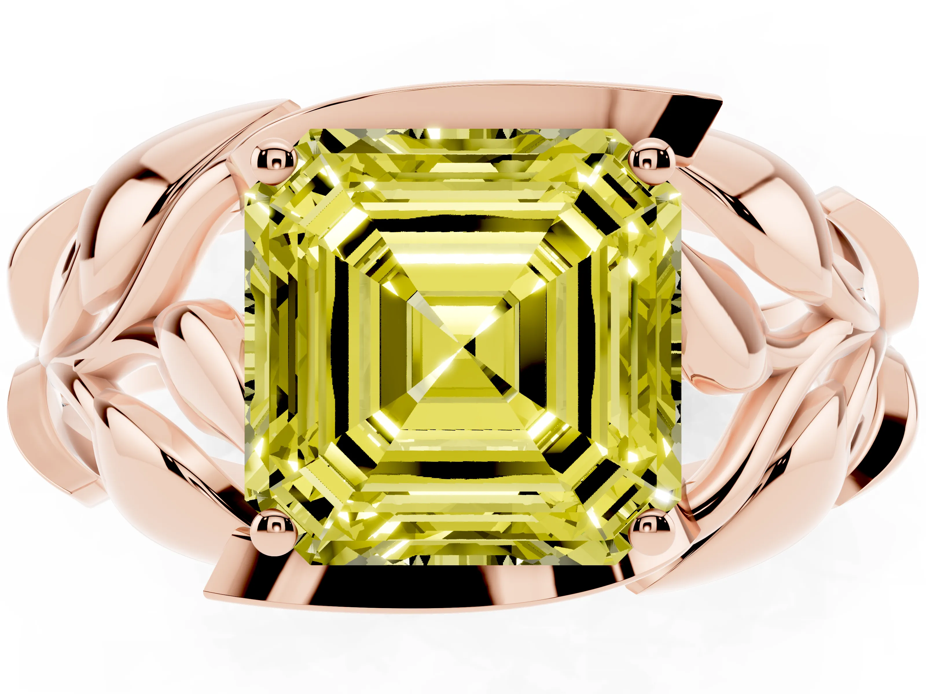 Fancy Yellow Asscher Cut Diamond Leaf-Inspired Engagement Ring Set in Rose gold with Round Accents