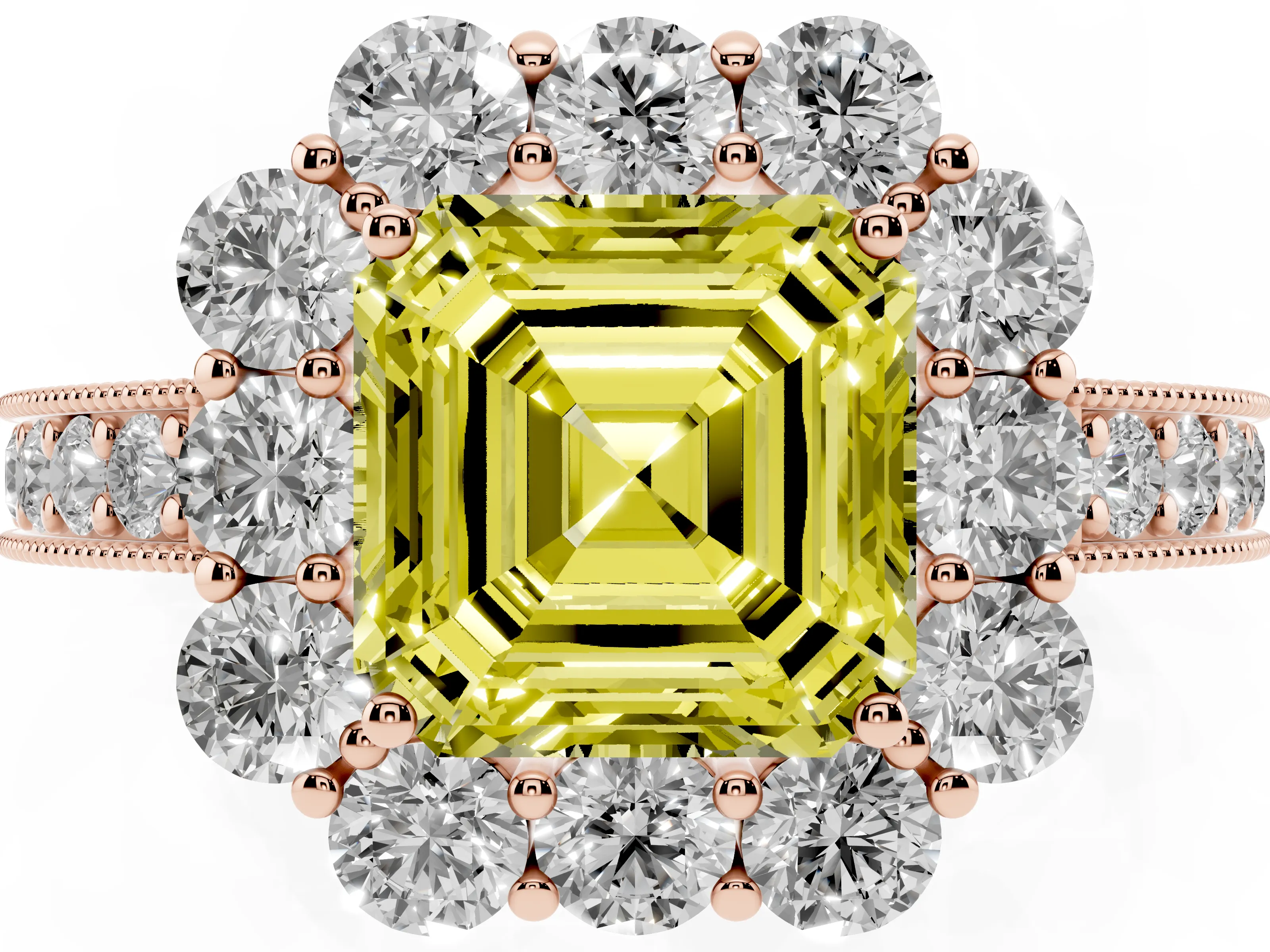 Fancy Yellow Asscher Cut Diamond Halo Pavé Engagement Ring Set in Rose gold with Milgrain Detailing