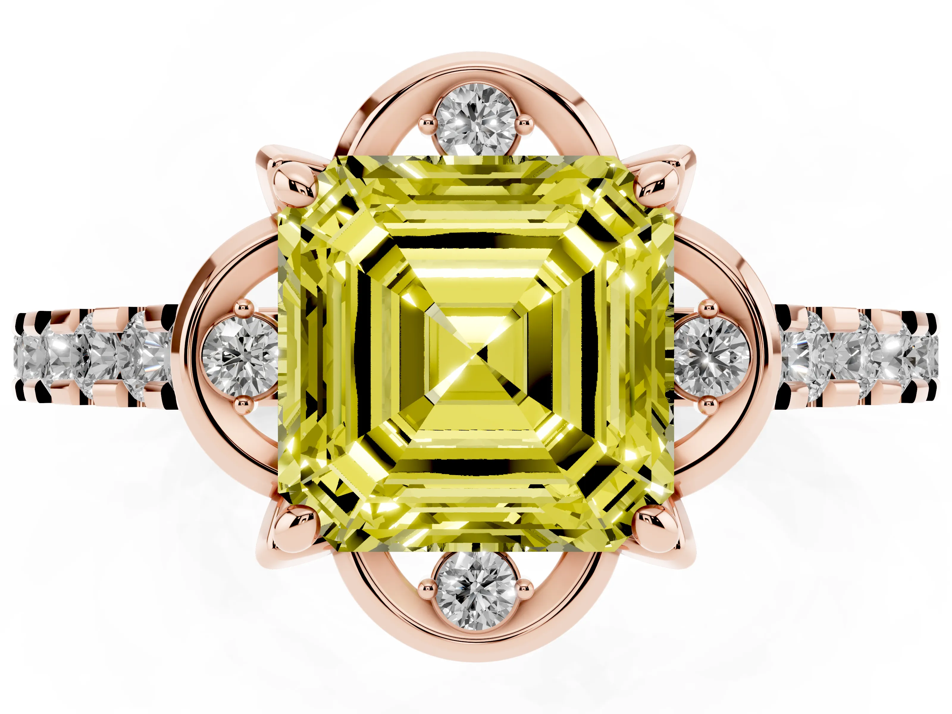 Fancy Yellow Asscher Cut Diamond Solitaire Ring Set in Rose gold with Pavé Band and Floral Prong Setting