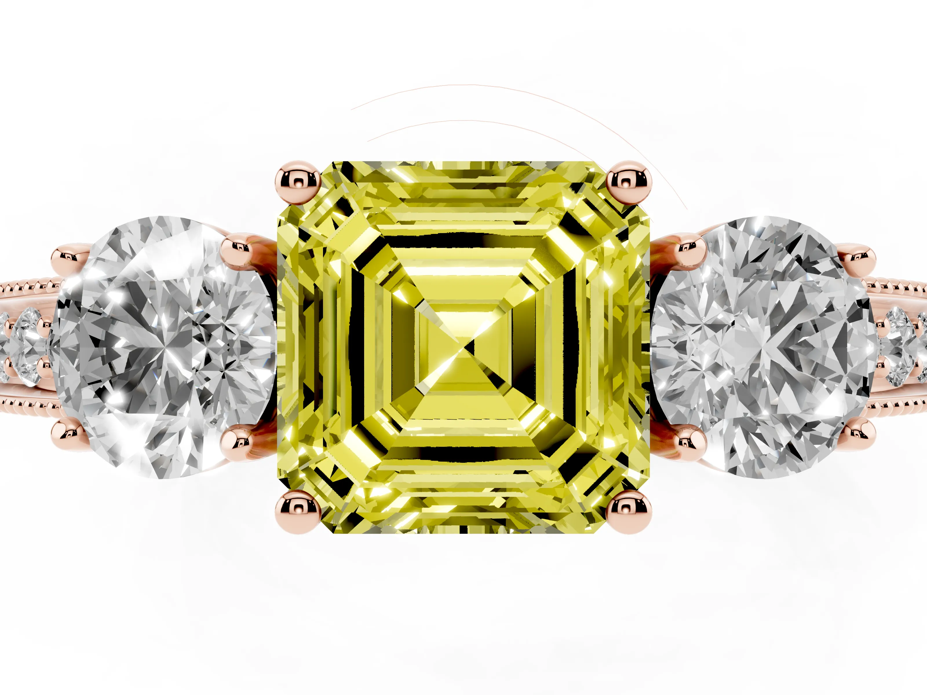 Fancy Yellow Asscher Cut Diamond Three-Stone Ring Set in Rose gold with Round Side Stones and Pavé Band