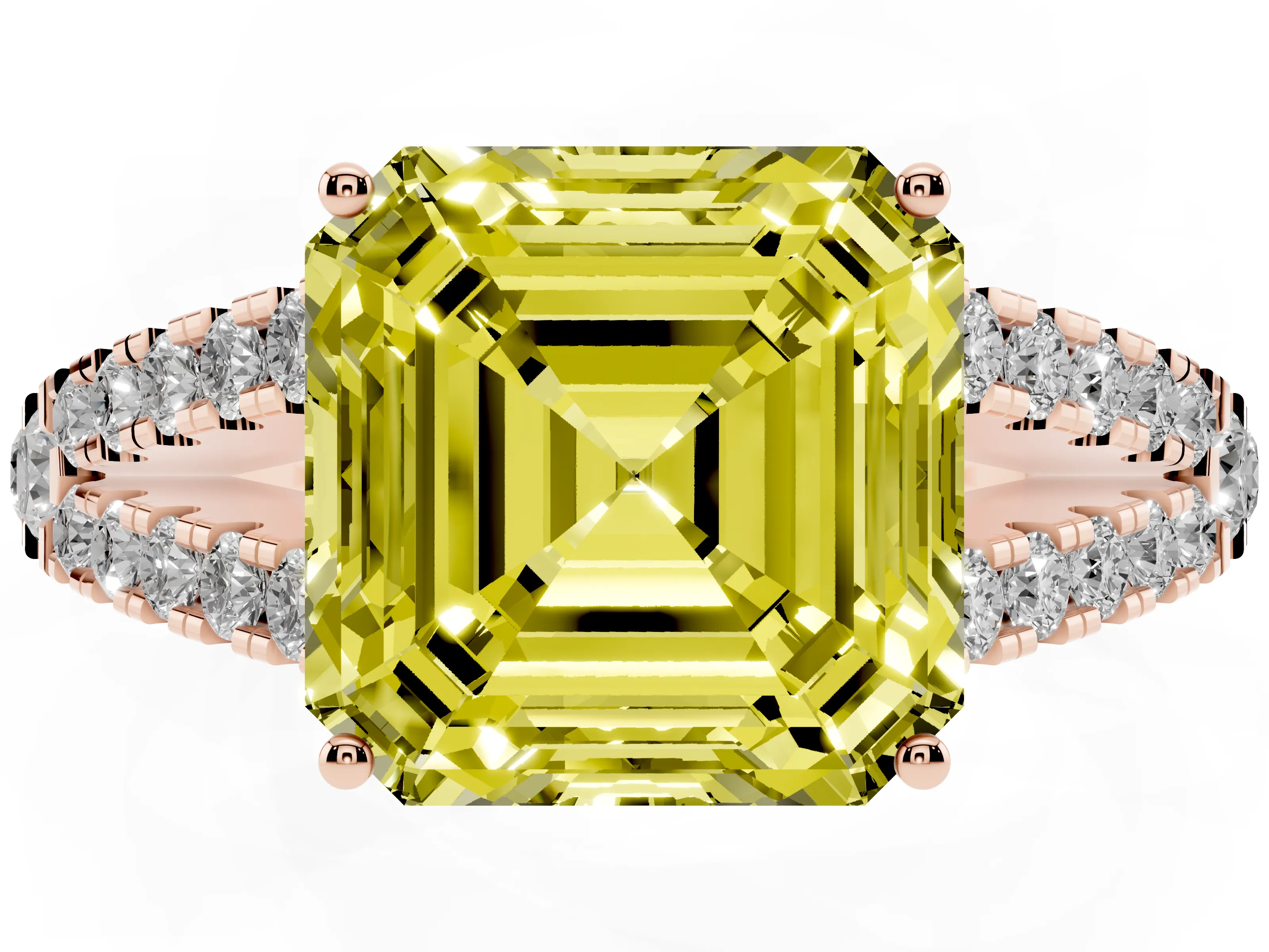 Fancy Yellow Asscher Cut Diamond Split Shank Pavé Engagement Ring Set in Rose gold with Prong-Held Center Stone