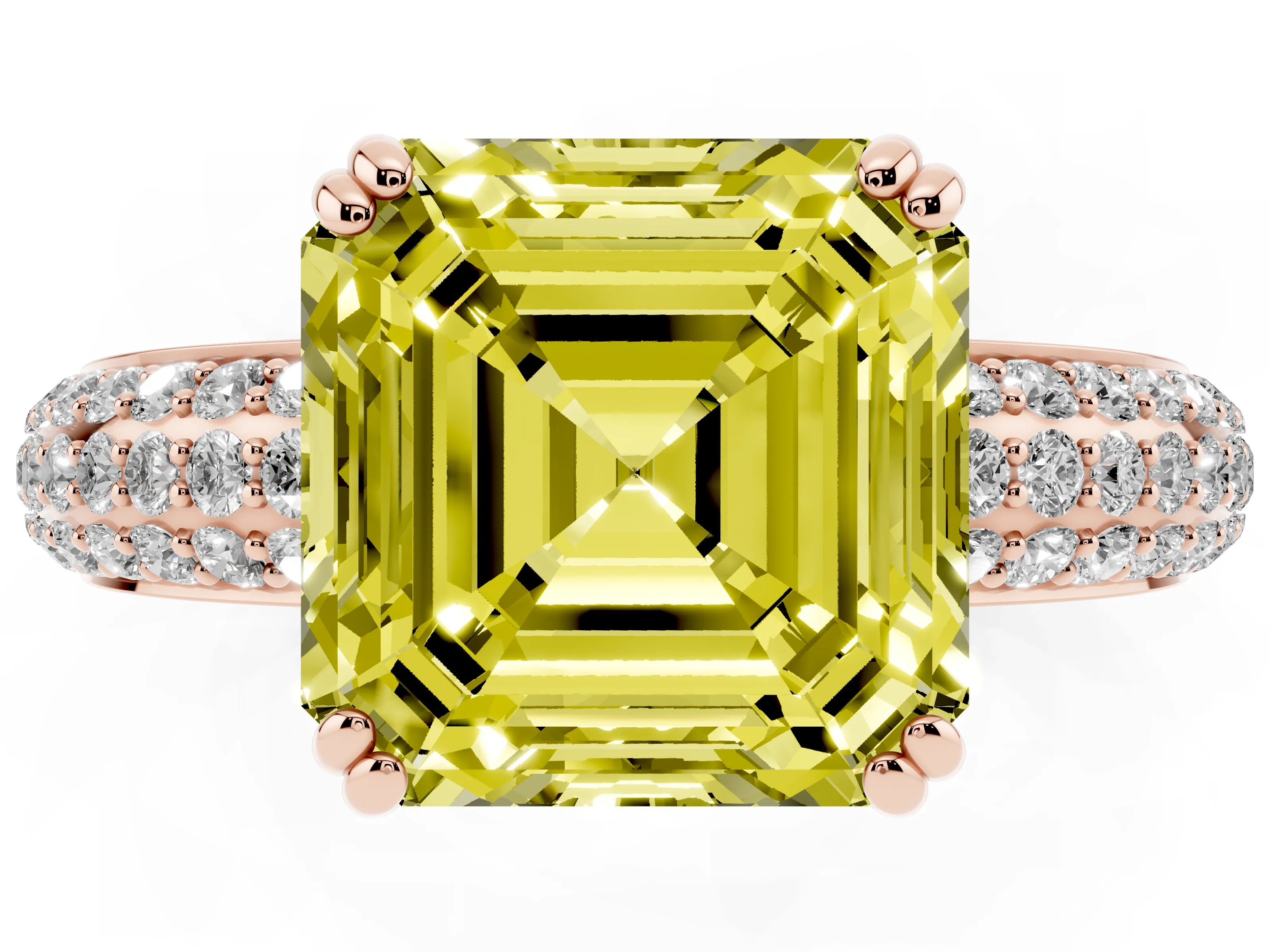 Fancy Yellow Asscher Cut Diamond Solitaire Ring Set in Rose gold with Multi-Row Round Pavé Band and Prong Setting