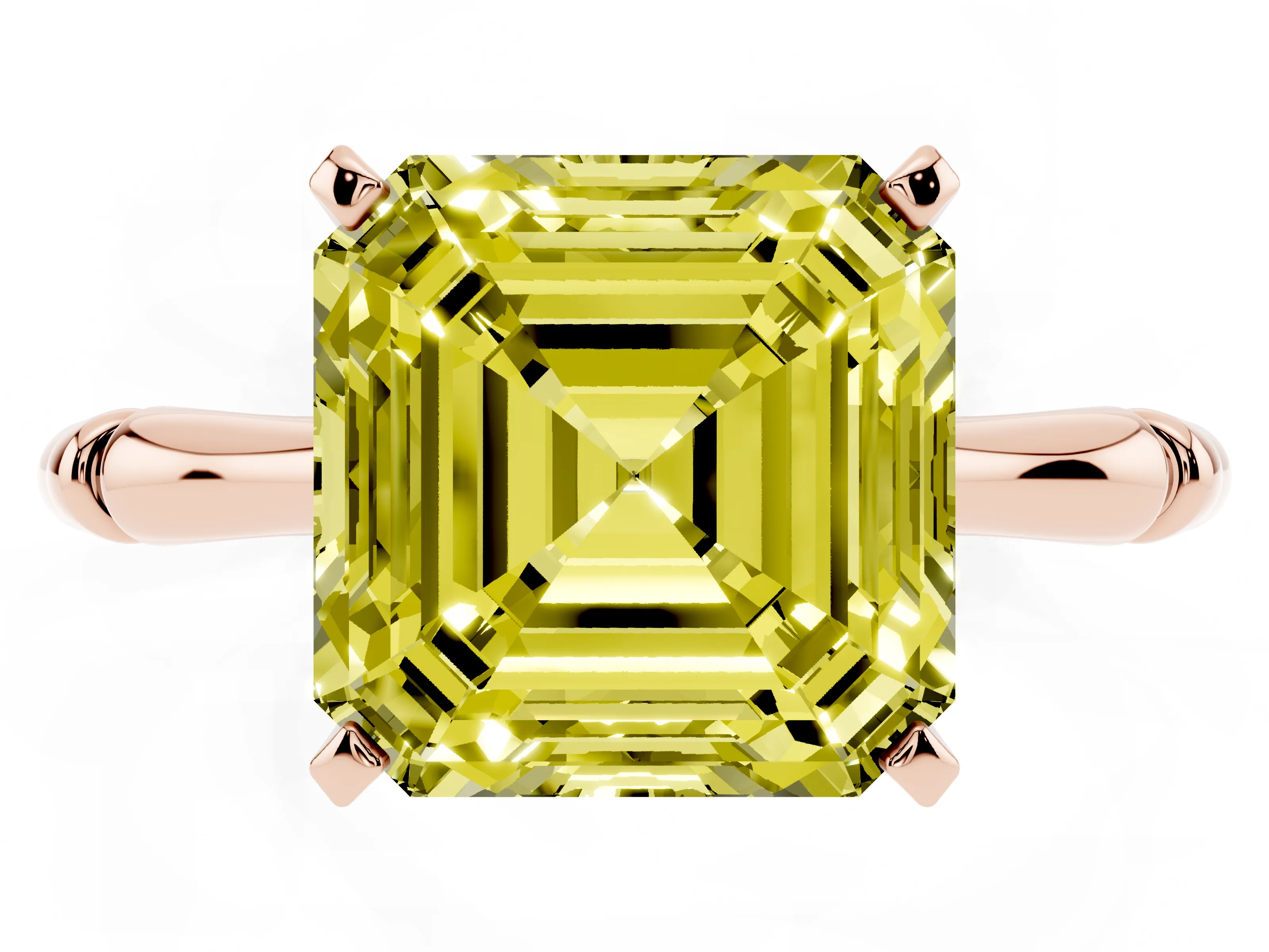 Fancy Yellow Asscher Cut Diamond Solitaire Ring Set in Rose gold with Bamboo Band and Prong Setting