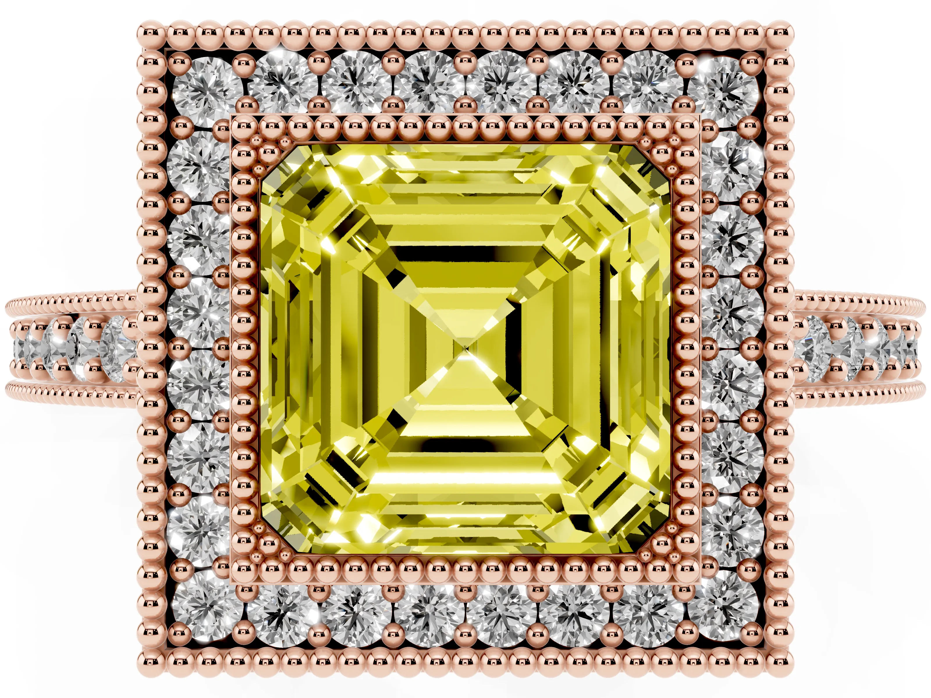 Fancy Yellow Asscher Cut Diamond Halo Engagement Ring Set in Rose gold with Pavé Band and Round Halo Stones