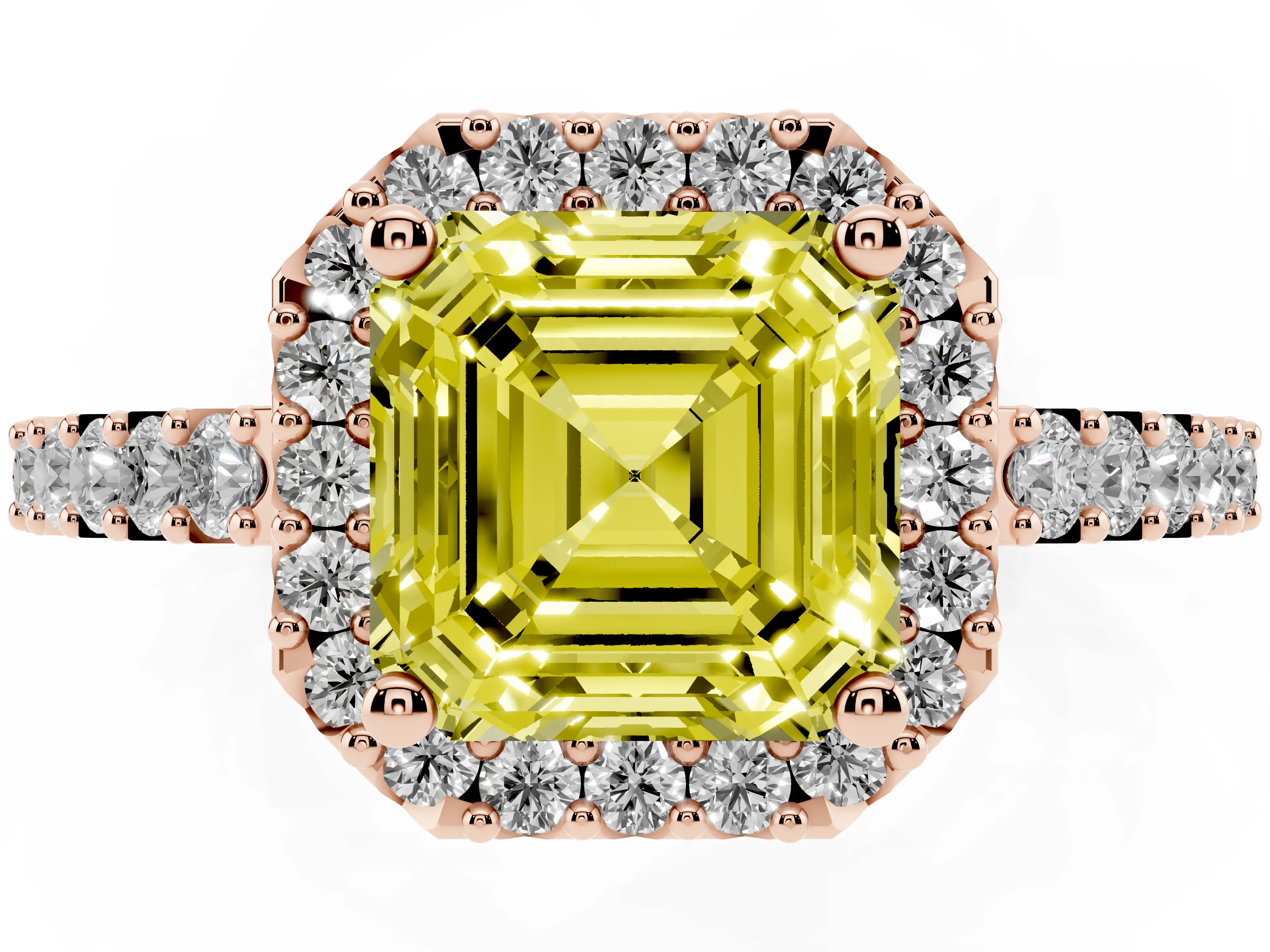 Fancy Yellow Asscher Cut Diamond Halo Pavé Solitaire Ring Set in Rose gold with Prong-Set Center Stone