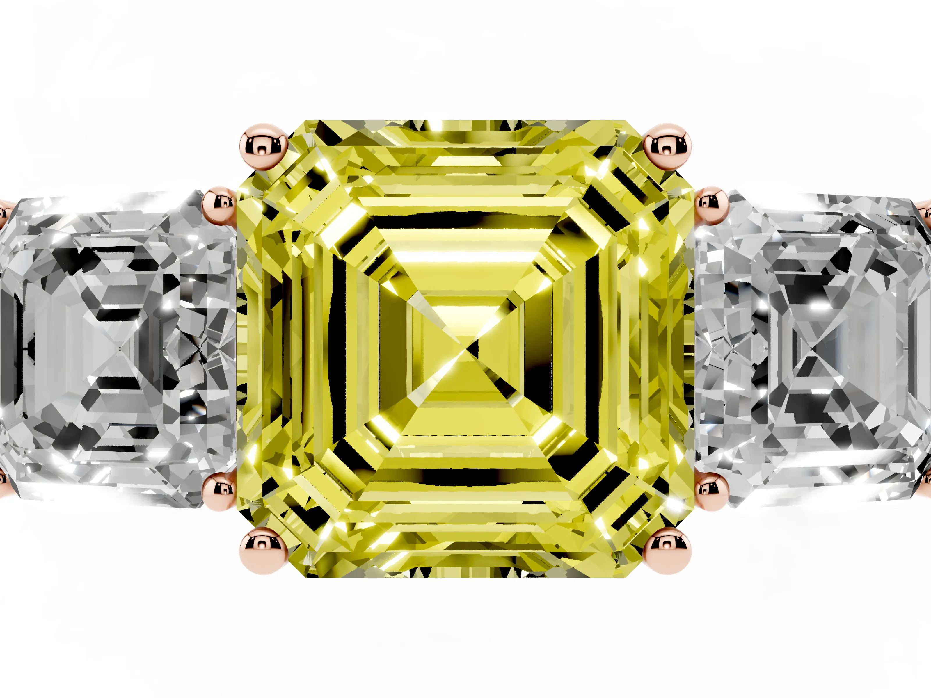 Fancy Yellow Asscher Cut Diamond Three-Stone Engagement Ring Set in Rose gold with Flat Band