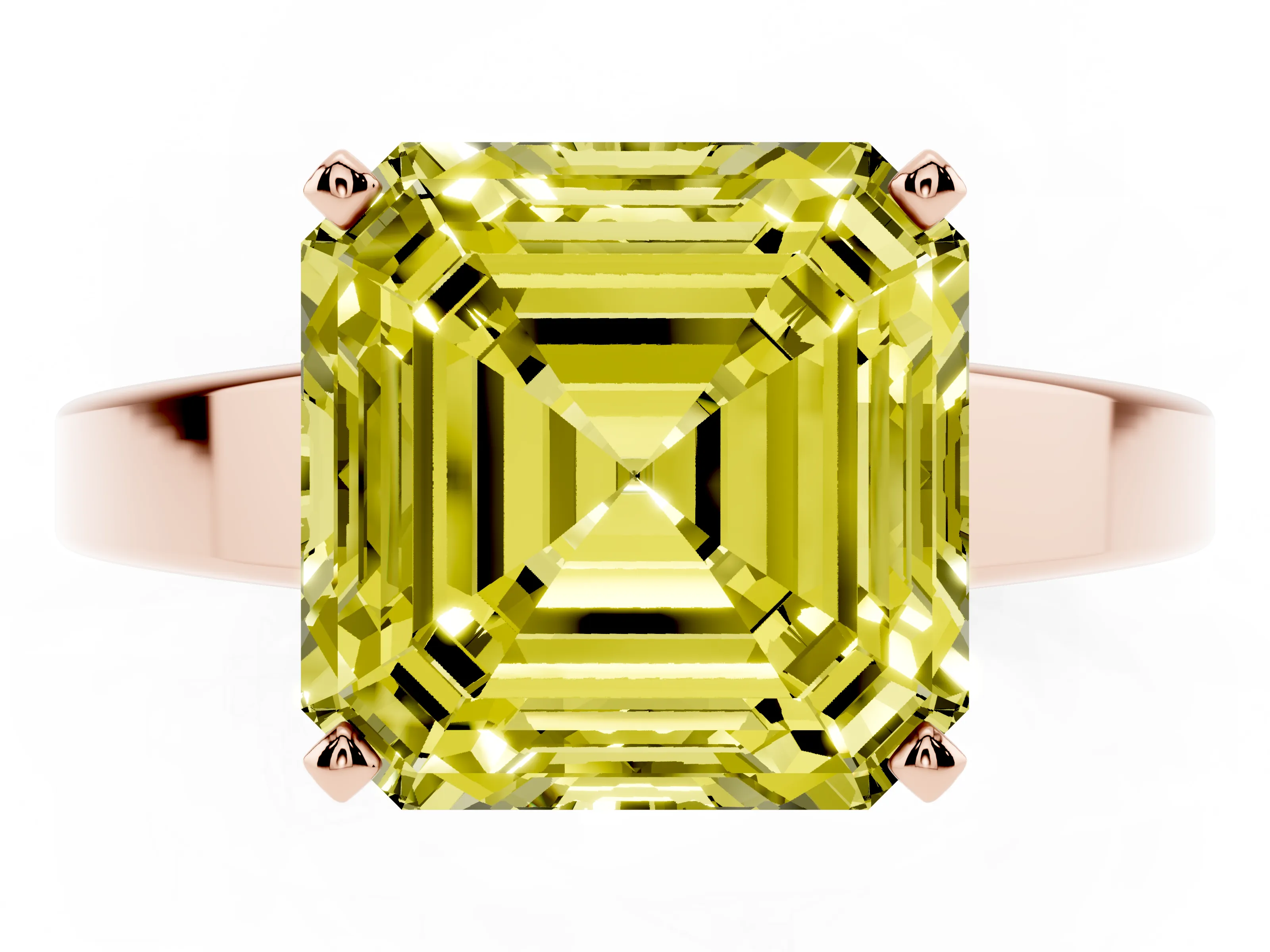 Fancy Yellow Asscher Cut Diamond Solitaire Engagement Ring Set in Rose gold with Prong Setting and Tapered Band