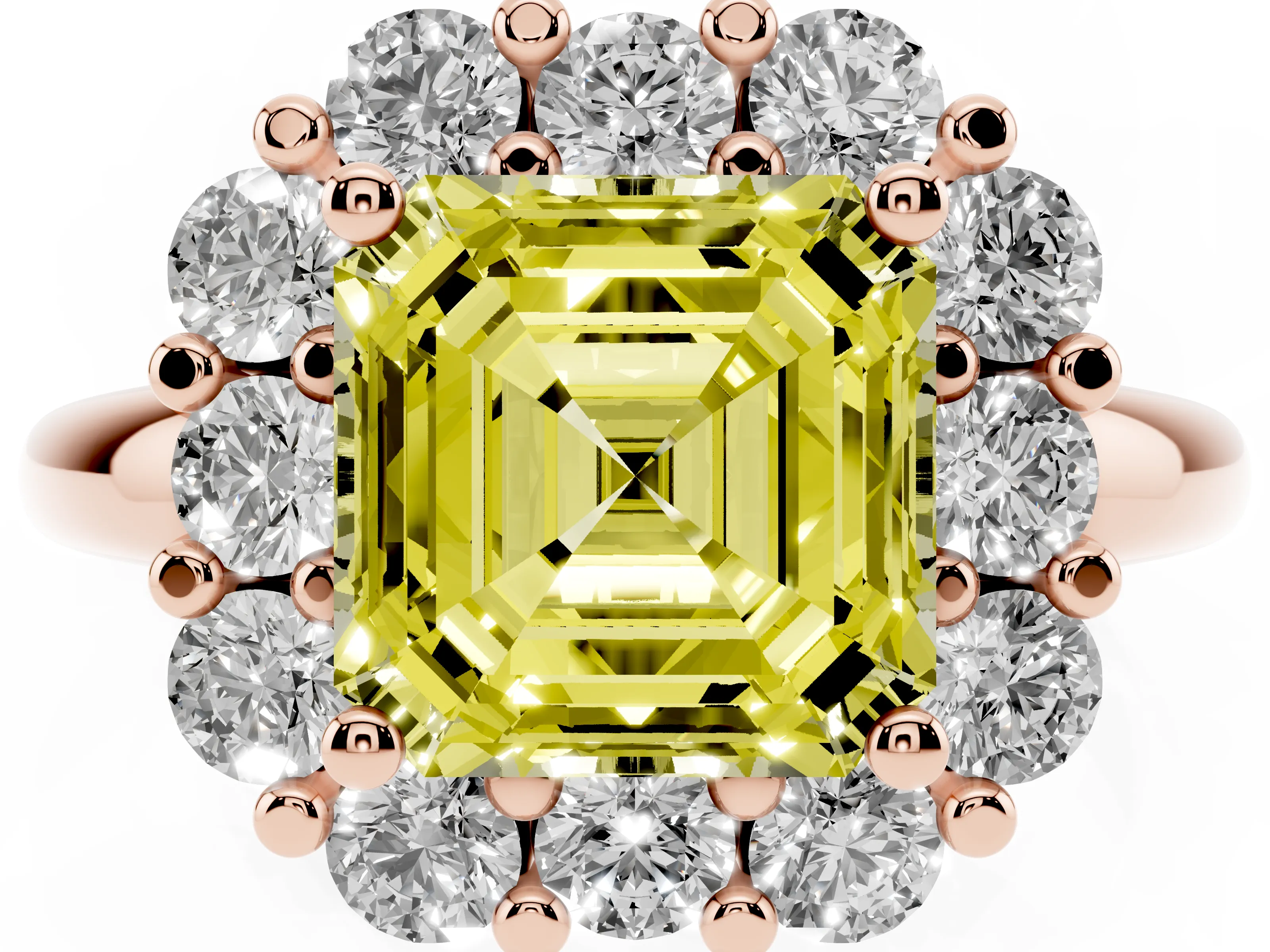 Fancy Yellow Asscher Cut Diamond Halo Cluster Engagement Ring Set in Rose gold with Polished Band and Prong Setting