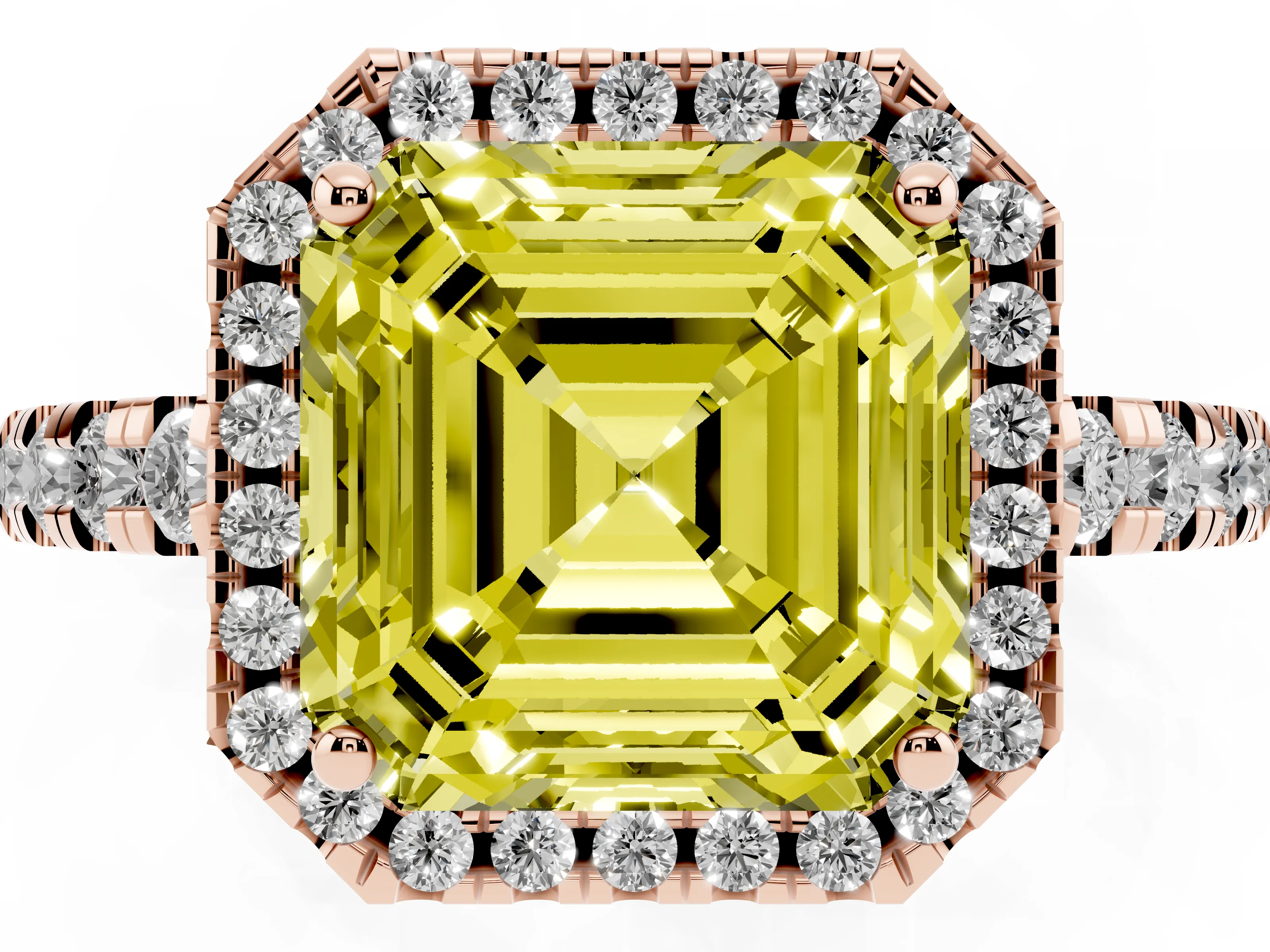 Fancy Yellow Asscher Cut Diamond Halo Ring Set in Rose gold with Delicate Pavé Band and Prong Setting