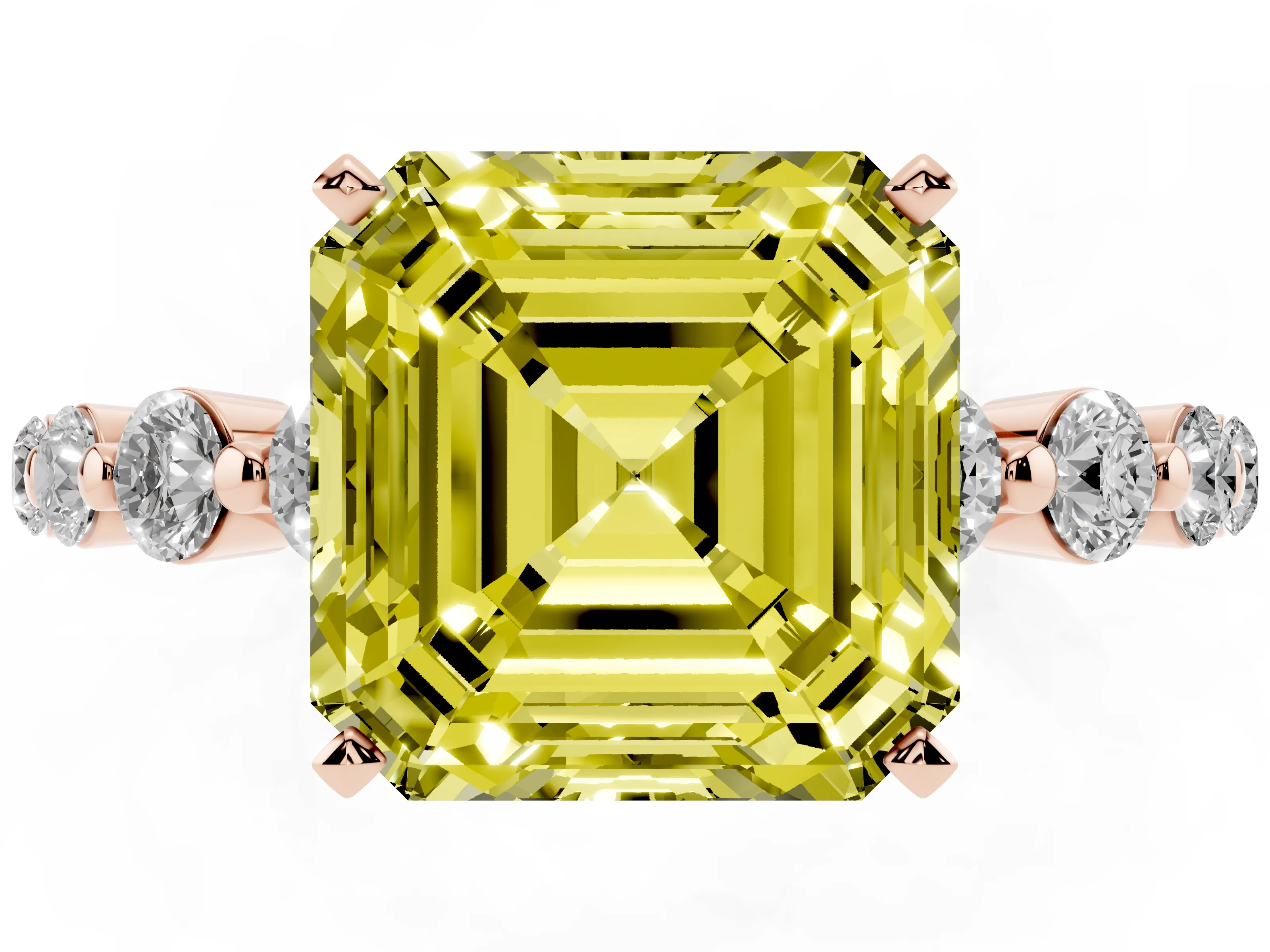 Fancy Yellow Asscher Cut Diamond Solitaire Ring Set in Rose gold with Pavé Band and Prong Setting