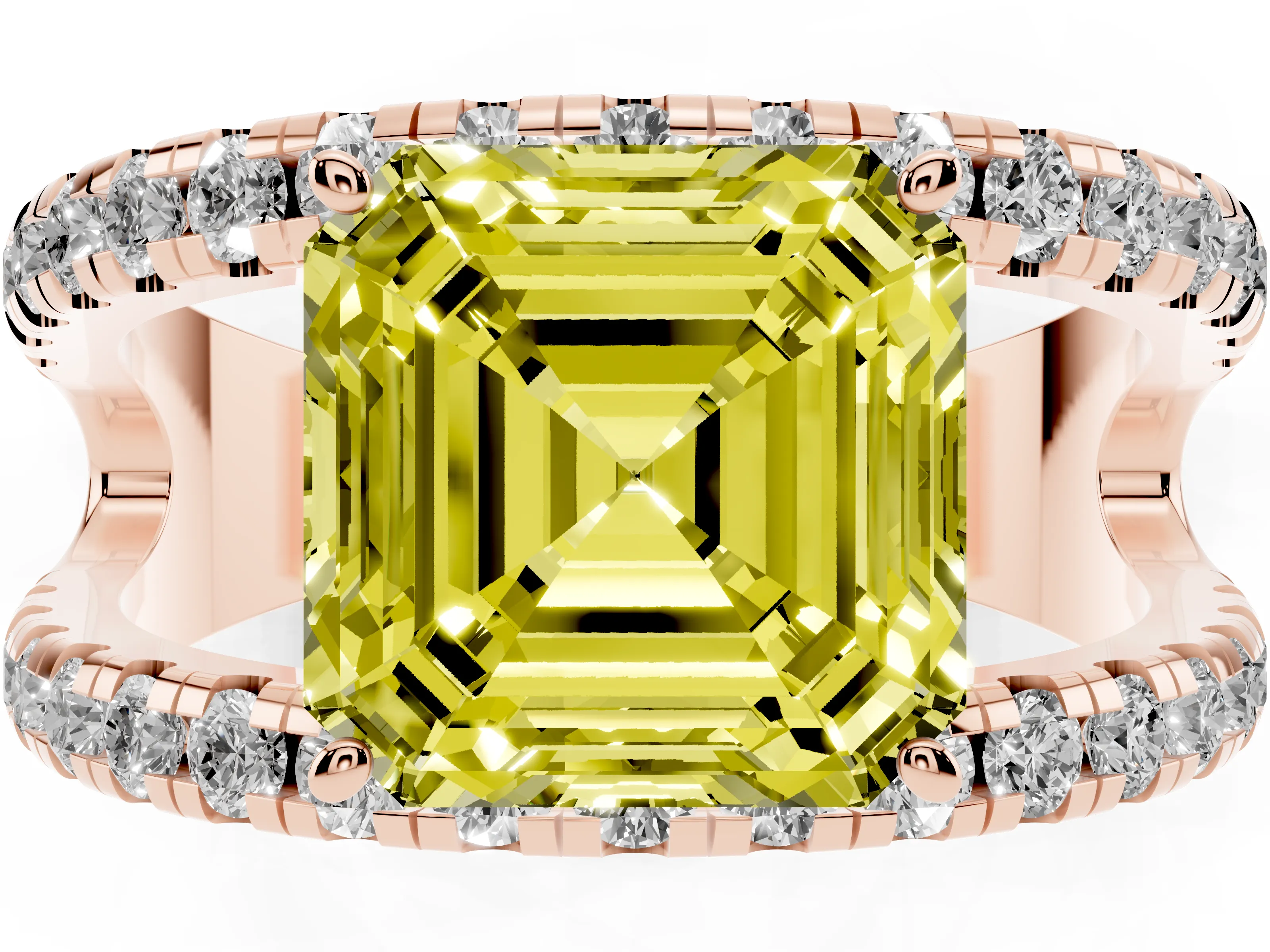 Fancy Yellow Asscher Cut Diamond Split Shank Pavé Solitaire Ring Set in Rose gold with Open Shank Design
