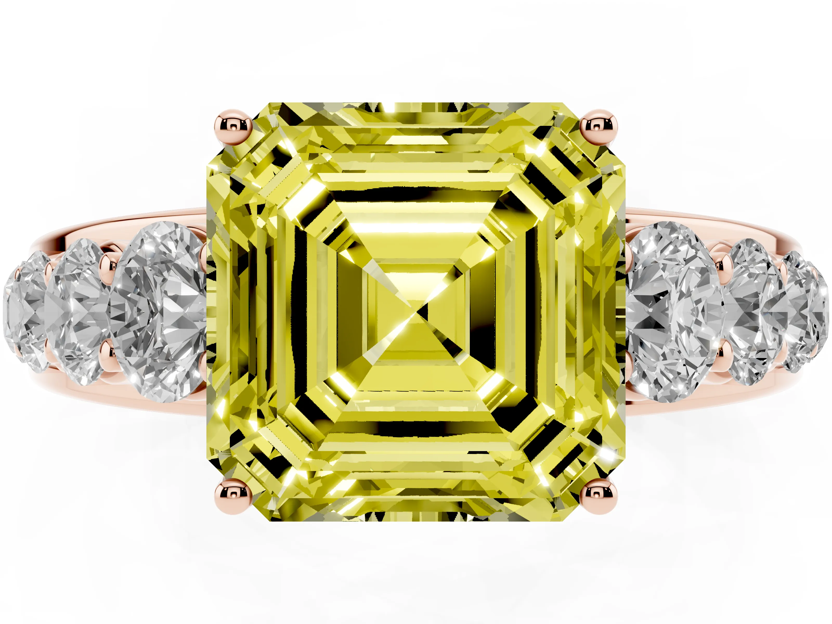 Fancy Yellow Asscher Cut Diamond Solitaire Ring Set in Rose gold with Pavé-Set Band and Prong Setting