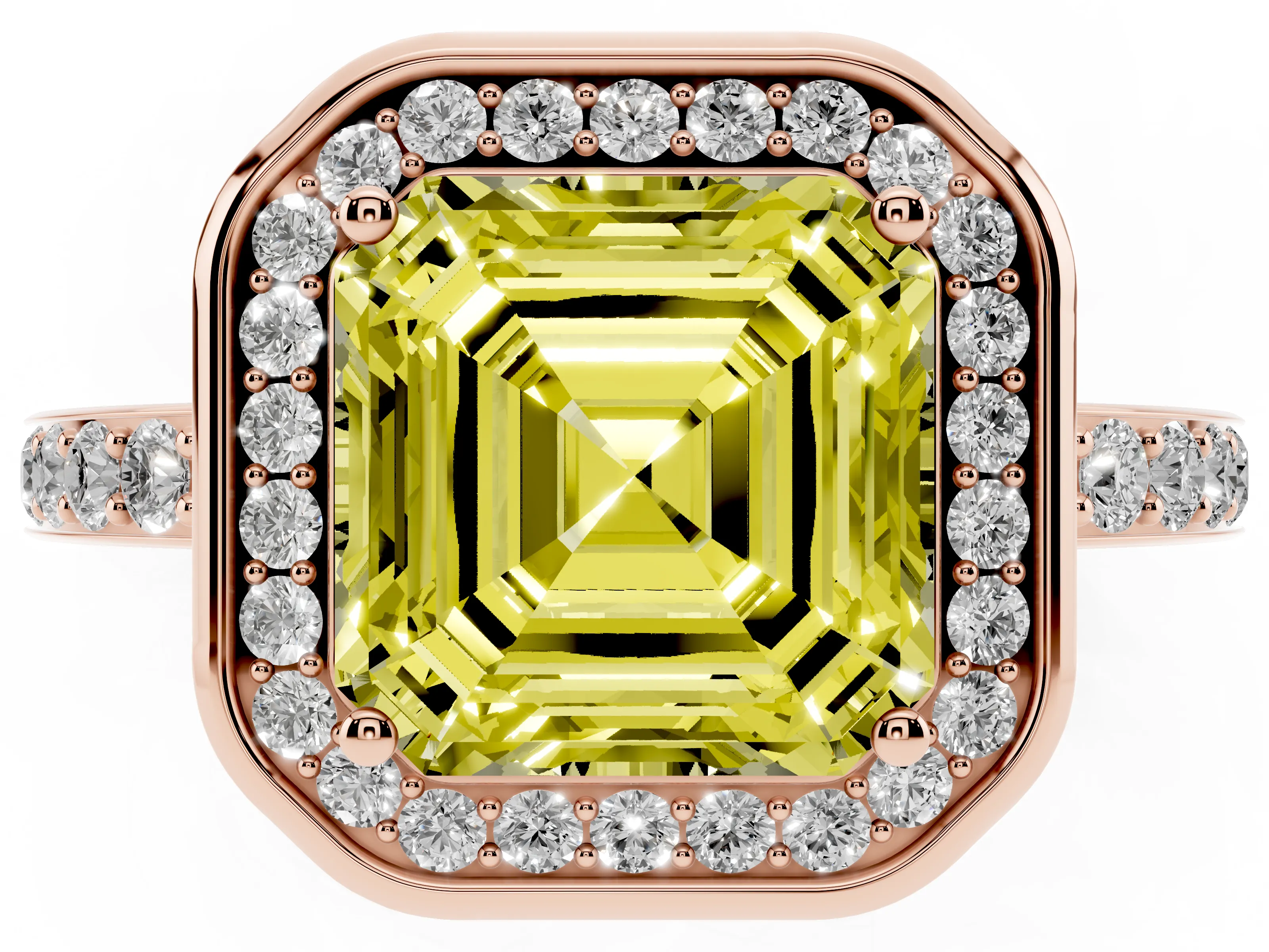 Fancy Yellow Asscher Cut Diamond Halo Ring Set in Rose gold with Bezel Frame and Pavé Band
