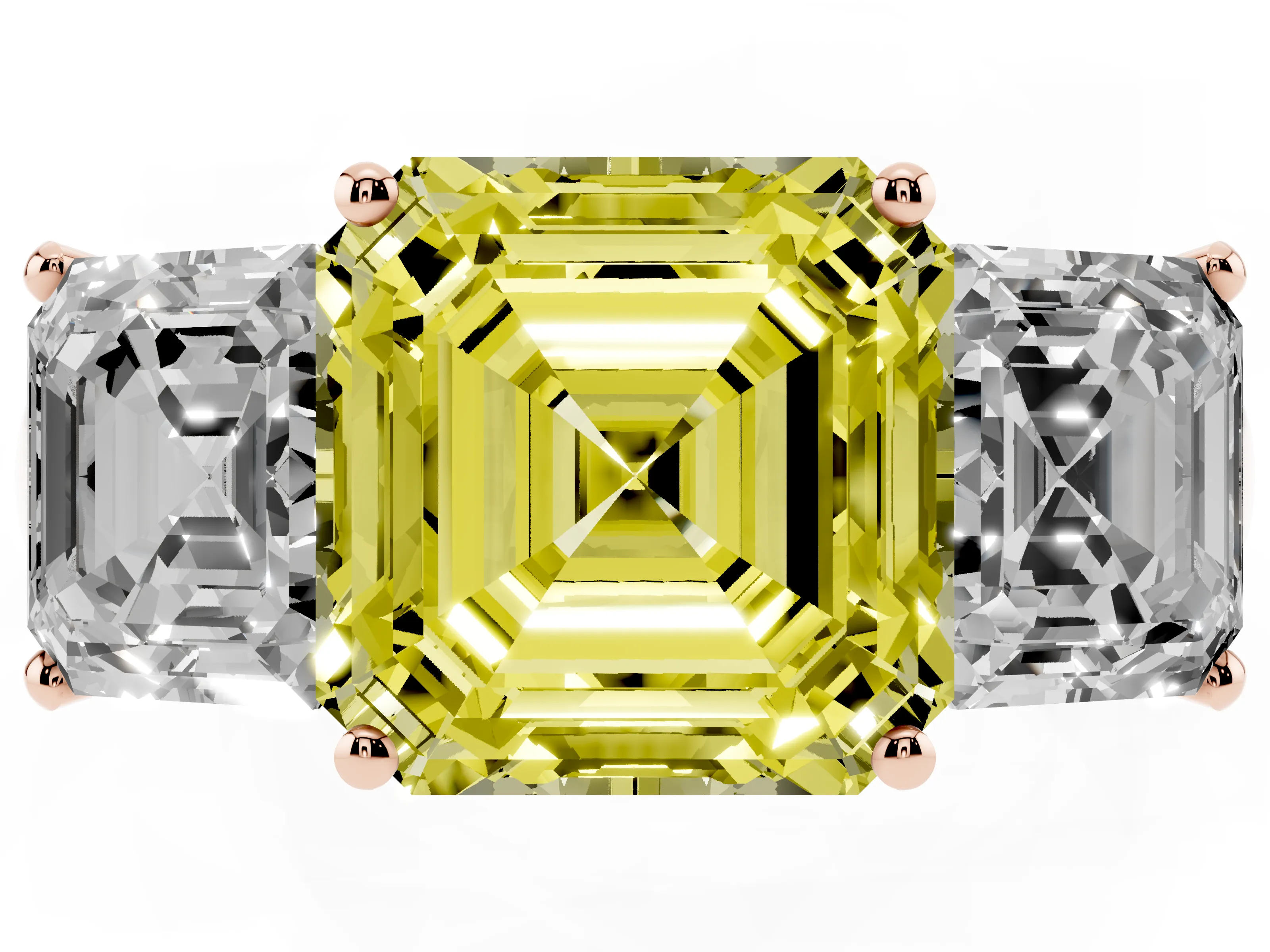 Fancy Yellow Asscher Cut Diamond Three-Stone Ring Set in Rose gold with Classic Prong Setting and Plain Band