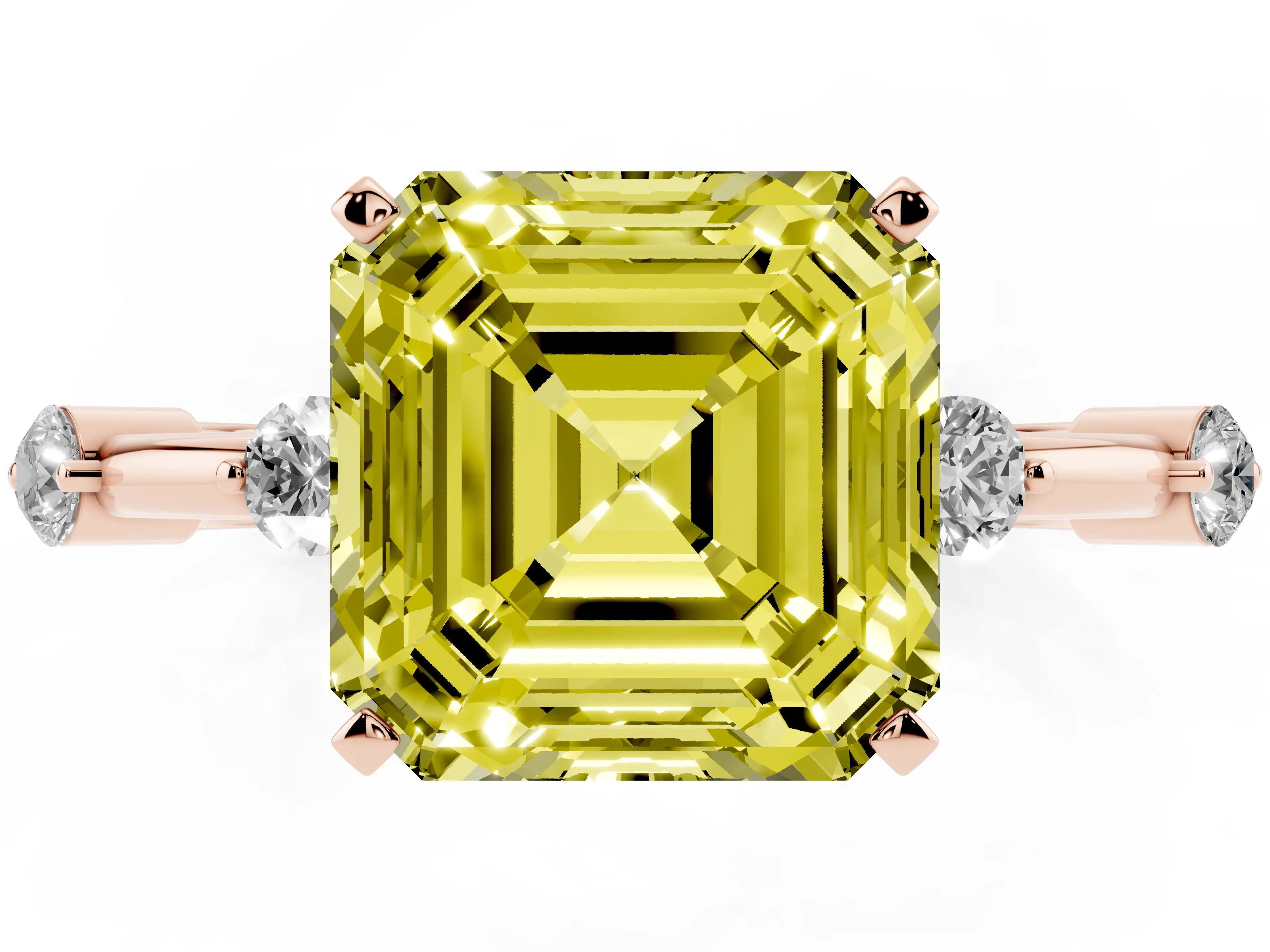 Fancy Yellow Asscher Cut Diamond Solitaire Ring Set in Rose gold with Bezel Set Side Stones and Prong Setting