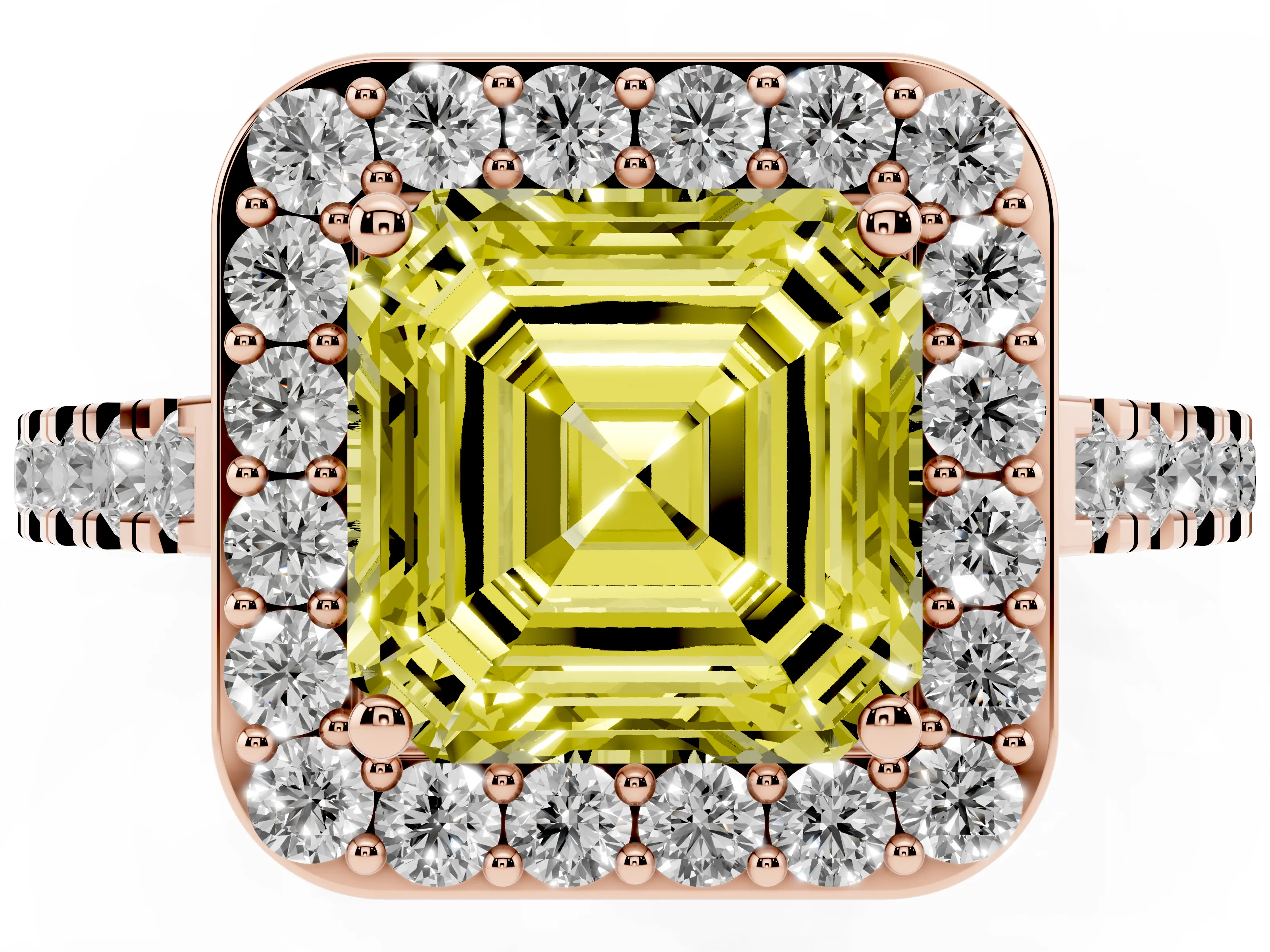 Fancy Yellow Asscher Cut Diamond Halo Ring Set in Rose gold with Round Pavé Split Shank and Prong Setting