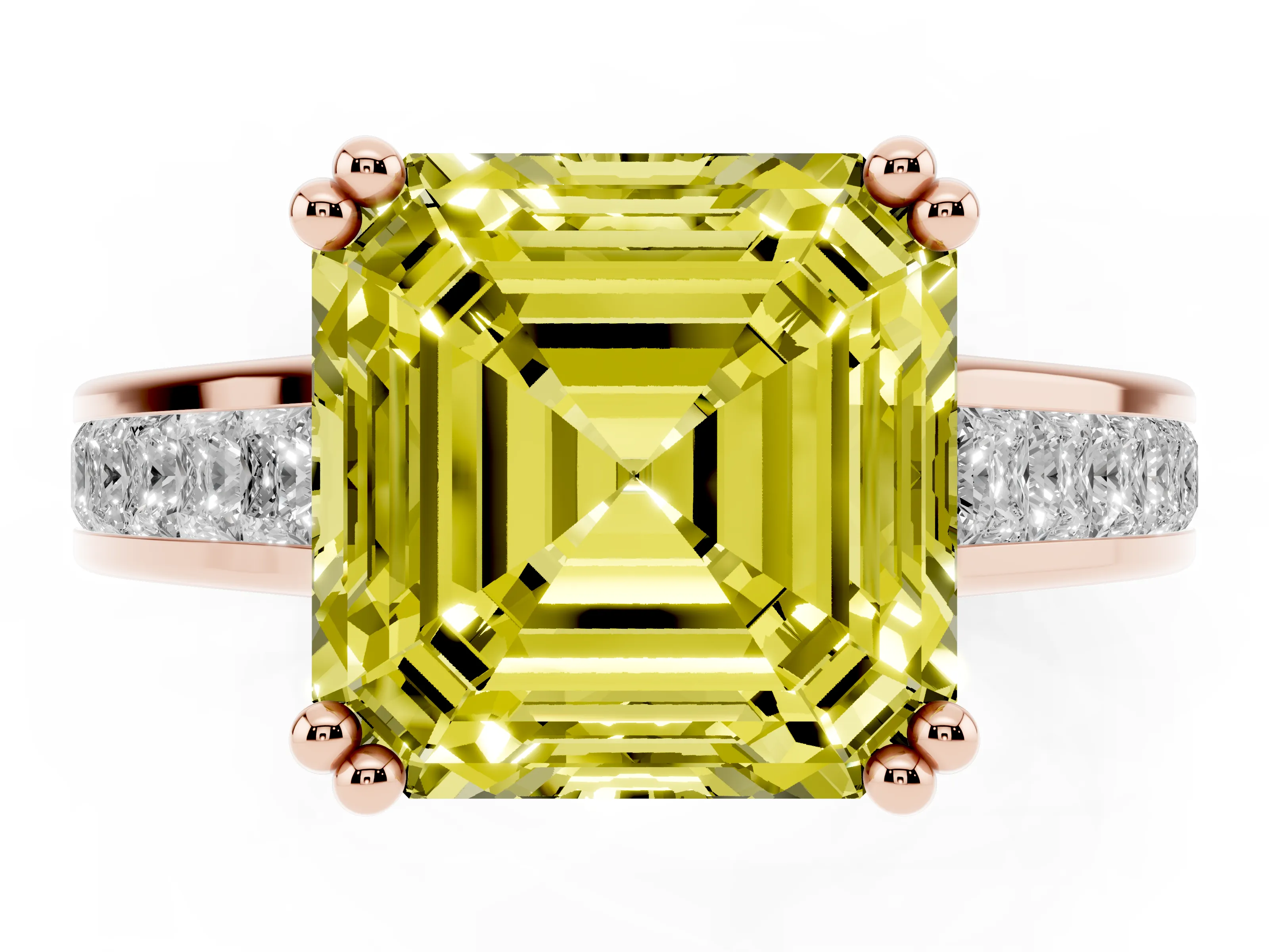 Fancy Yellow Asscher Cut Diamond Channel Set Solitaire Engagement Ring Set in Rose gold with Prong Setting