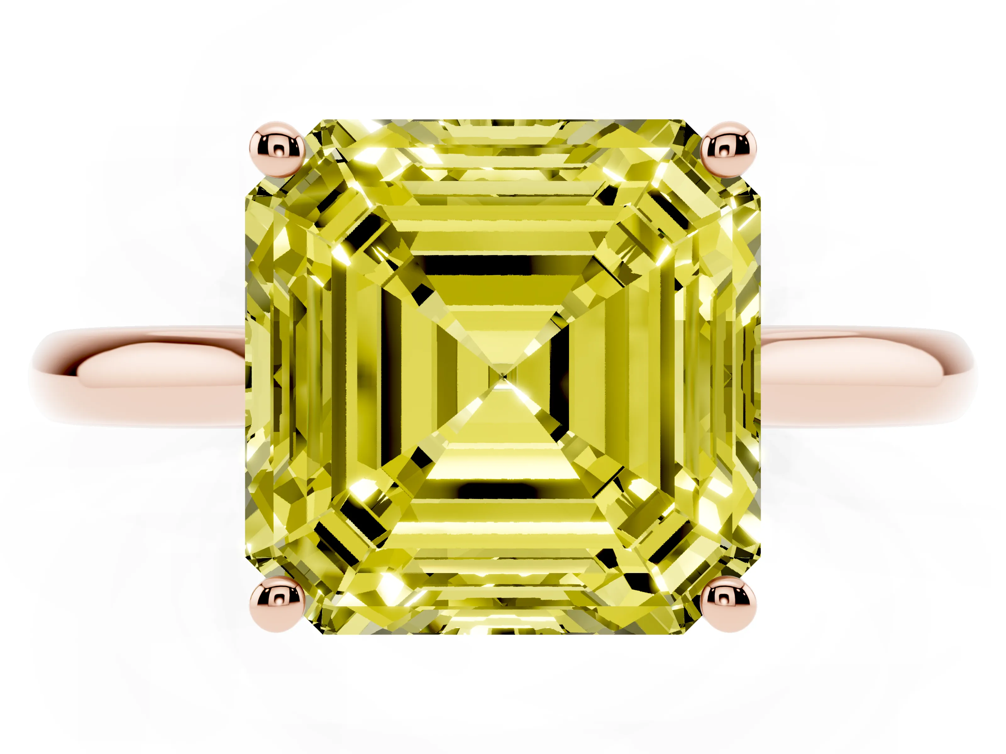Fancy Yellow Asscher Cut Diamond Solitaire Ring Set in Rose gold with Cathedral Band and Prong Setting