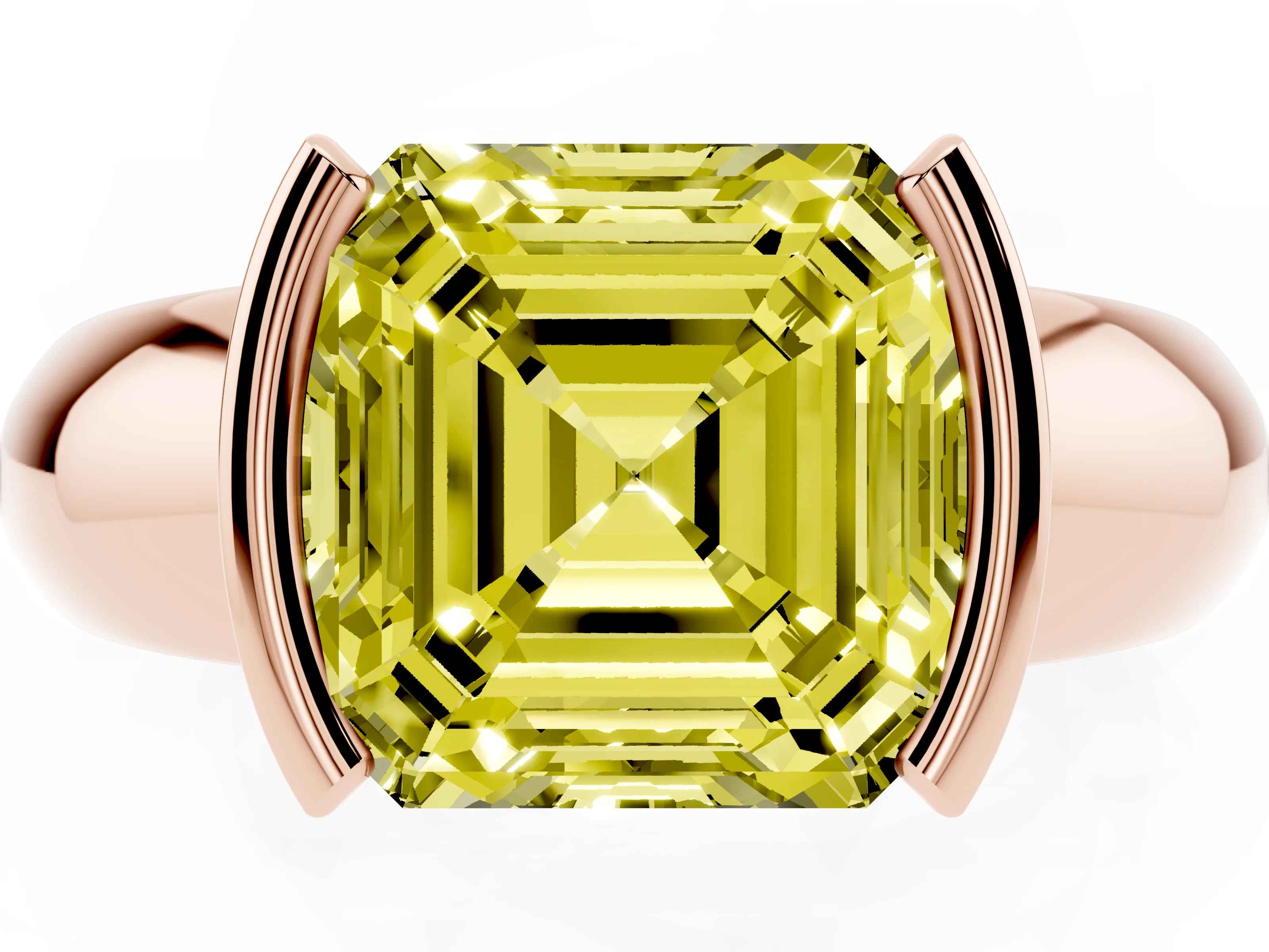 Fancy Yellow Asscher Cut Diamond Solitaire Tension Set Ring Set in Rose gold with Wide Band