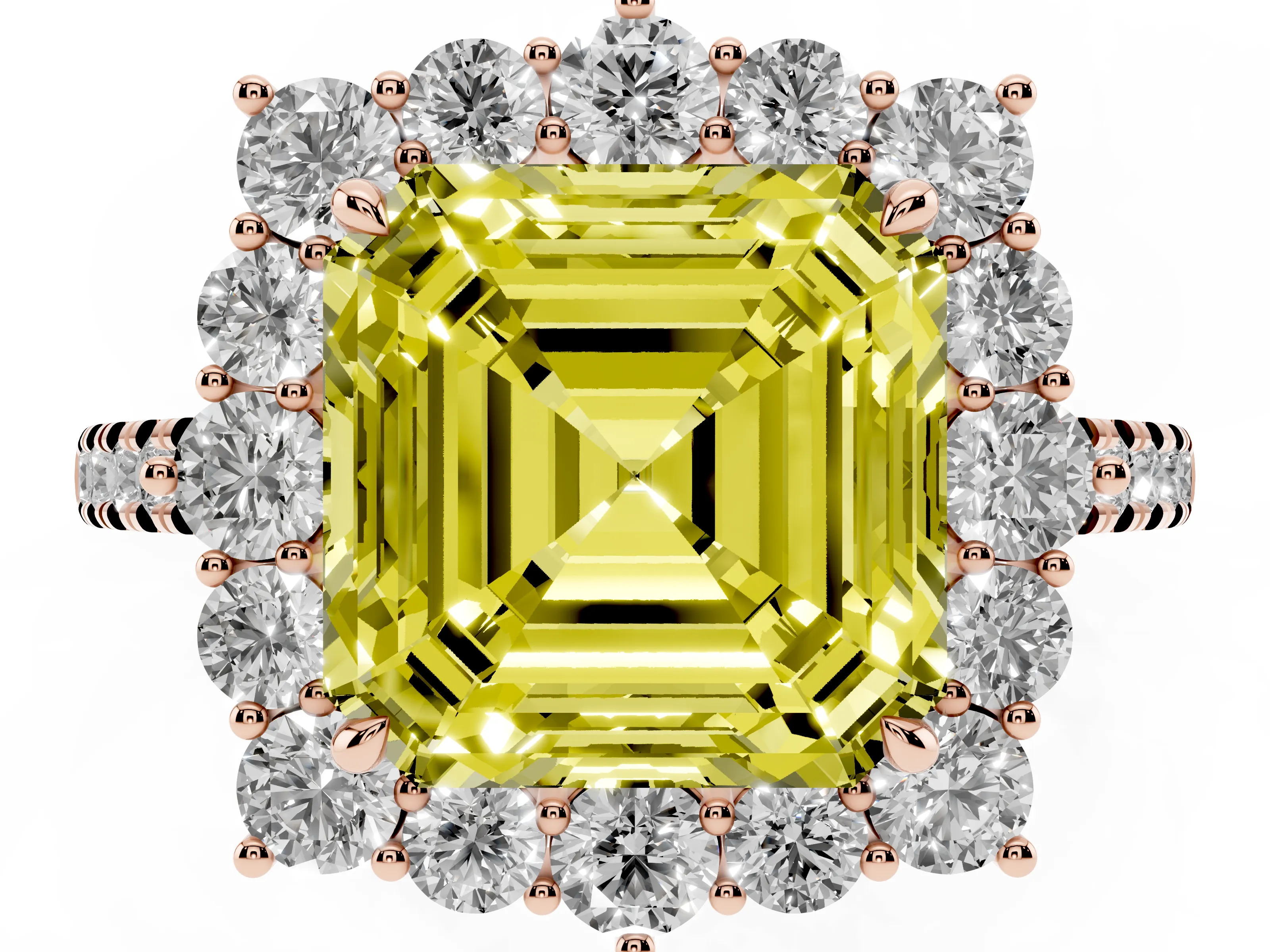 Fancy Yellow Asscher Cut Diamond Halo Ring Set in Rose gold with Pavé Band and Prong Setting