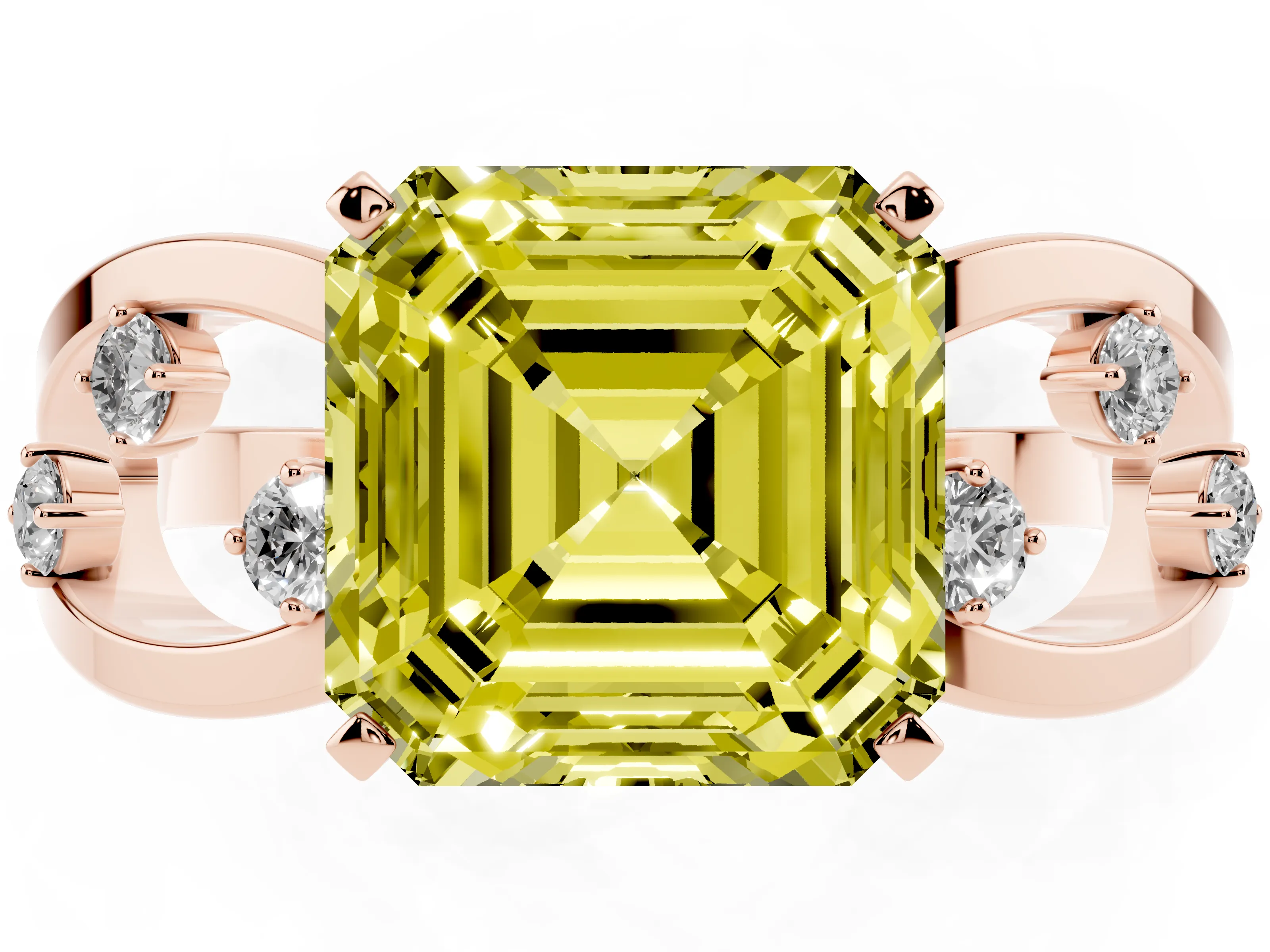 Fancy Yellow Asscher Cut Diamond Solitaire Ring Set in Rose gold with Side Stones on Criss-Cross Band and Prong Setting