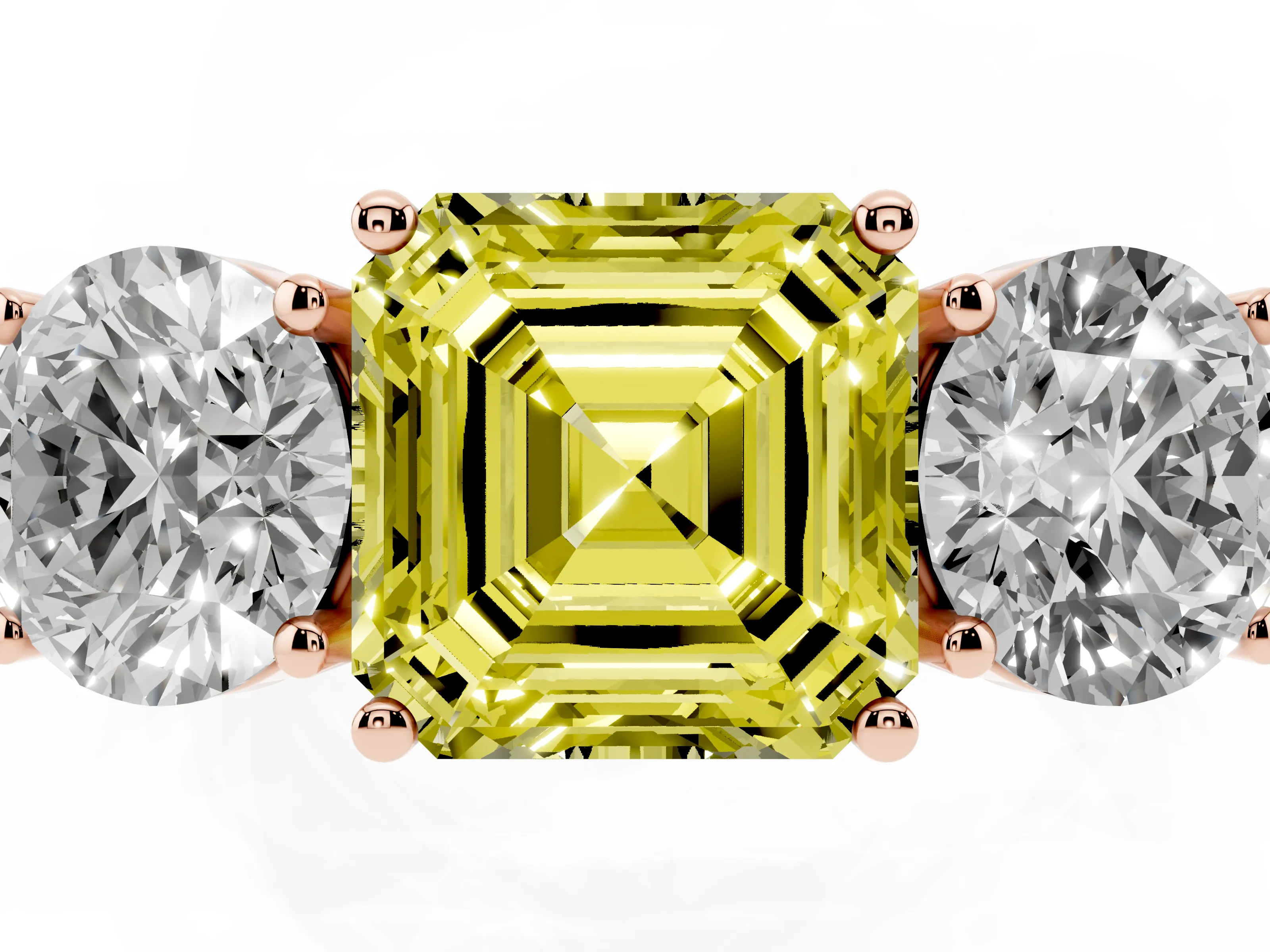 Fancy Yellow Asscher Cut Diamond Three-Stone Ring Set in Rose gold with Channel-Set Accent Band