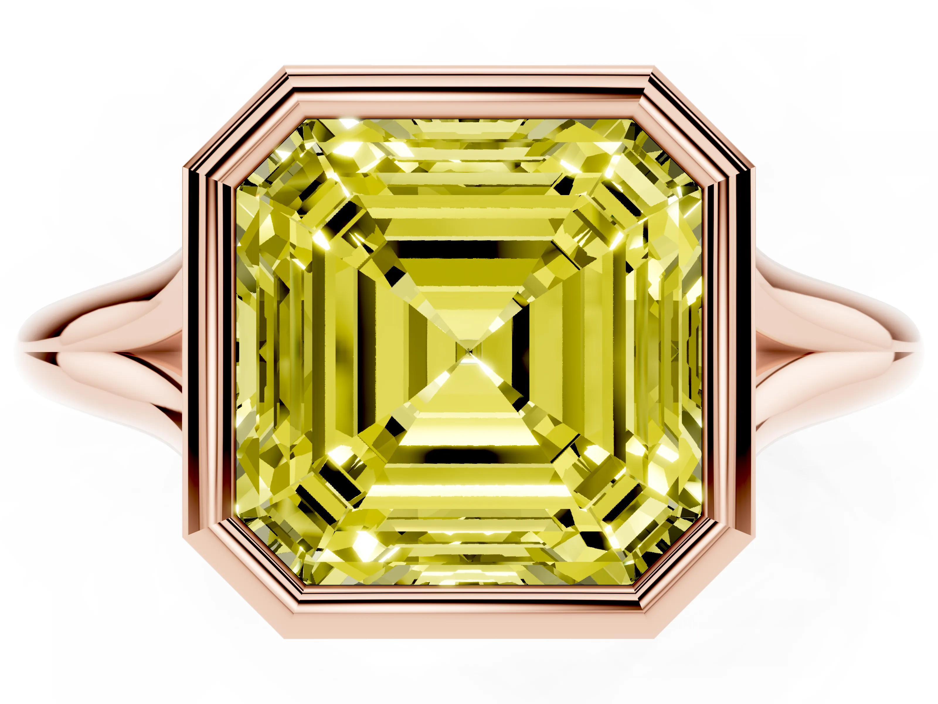 Fancy Yellow Bezel Set Asscher Cut Diamond Solitaire Ring Set in Rose gold with Tapered Band