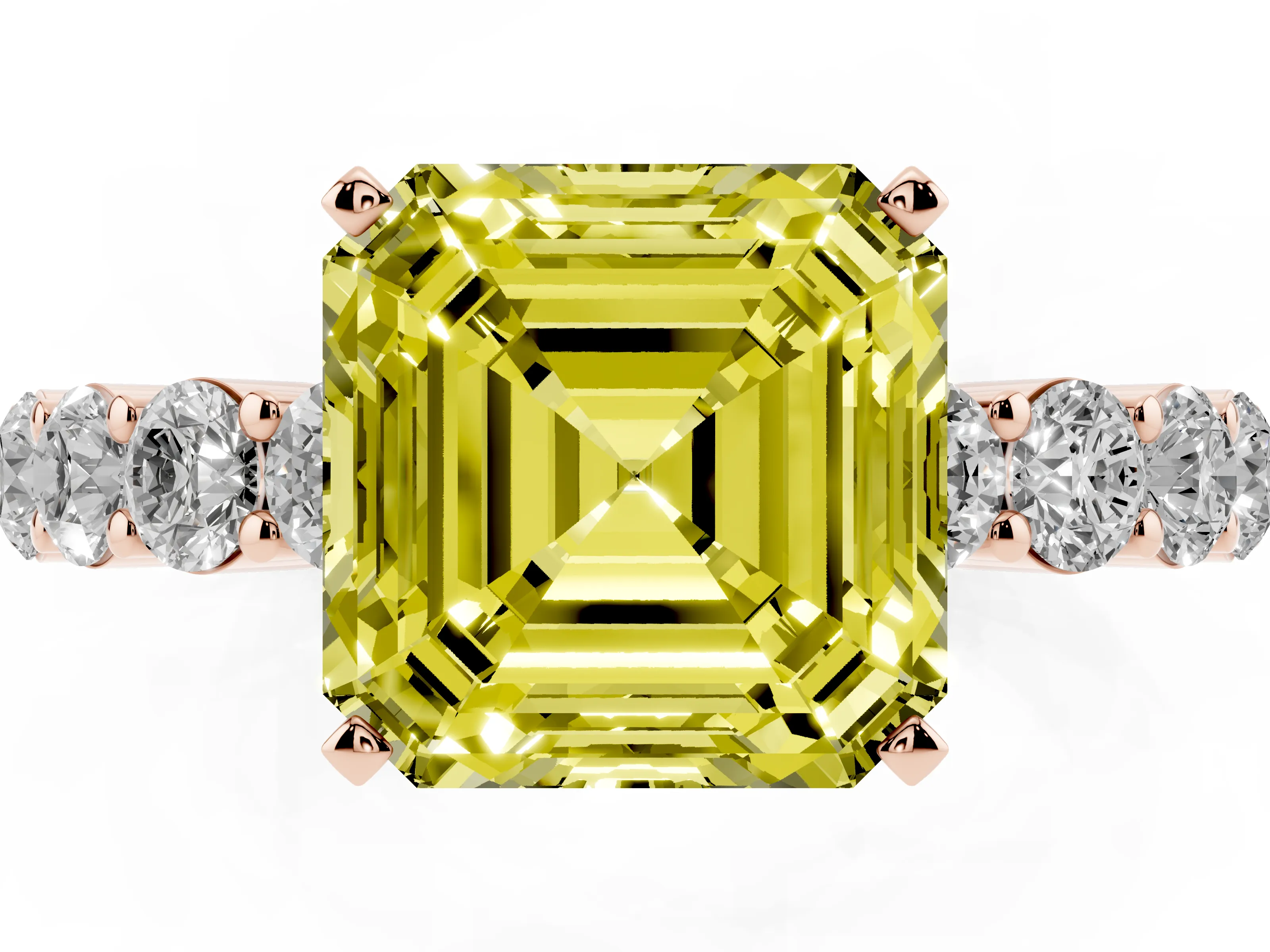 Fancy Yellow Asscher Cut Diamond Solitaire Ring Set in Rose gold with Shared Prong Round Side Stones