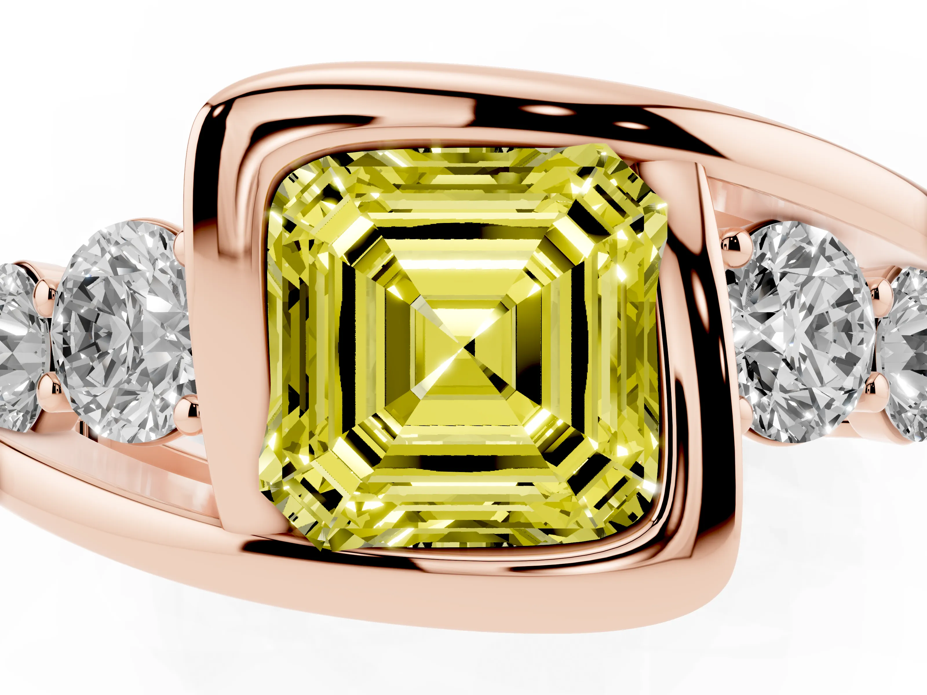 Fancy Yellow Asscher Cut Diamond Bezel Bypass Ring Set in Rose gold with Round Accents